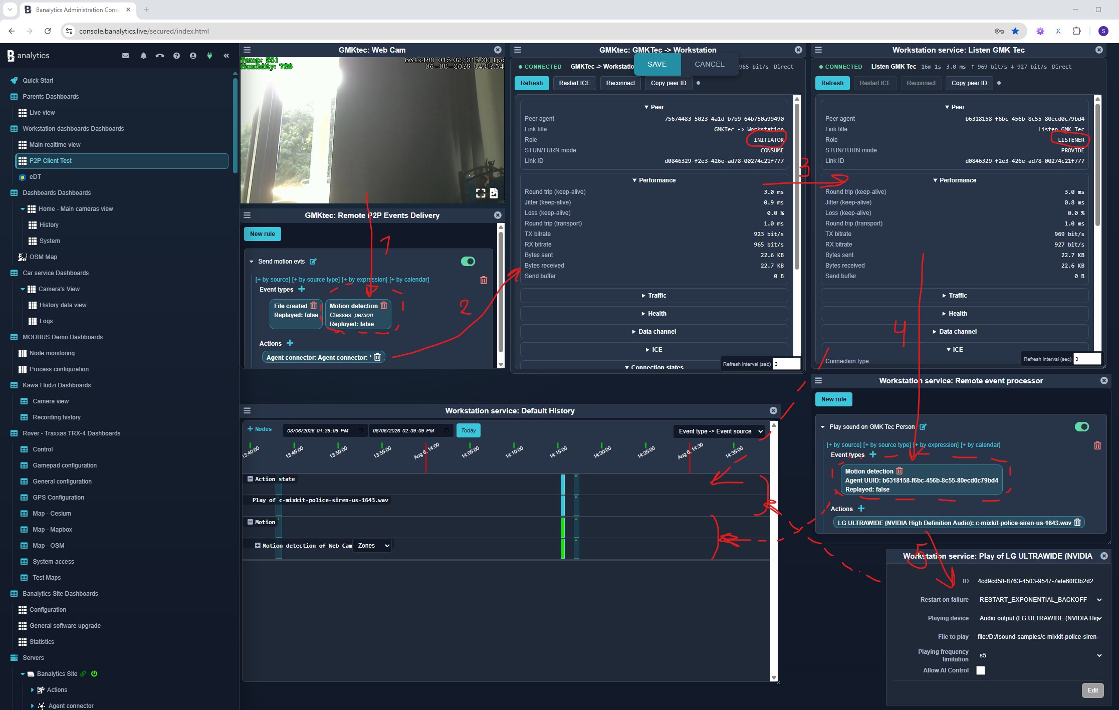 WebRTC peer-to-peer Agent link using the Banalytics portal for authenticated signalling