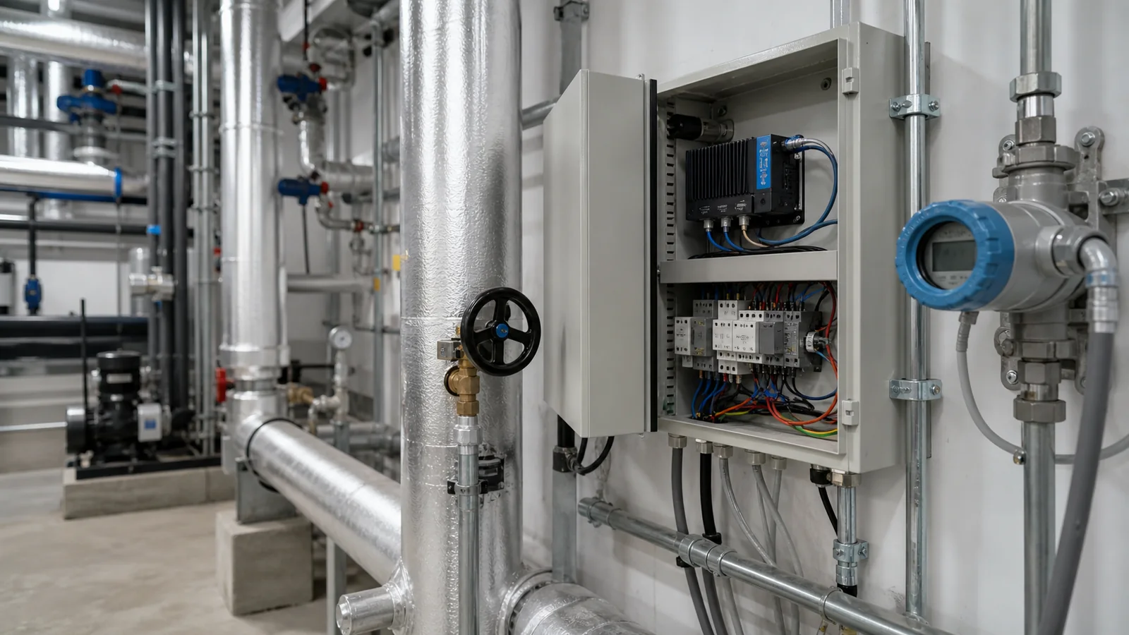 Building plant room with HVAC piping, control cabinet, and local edge controller