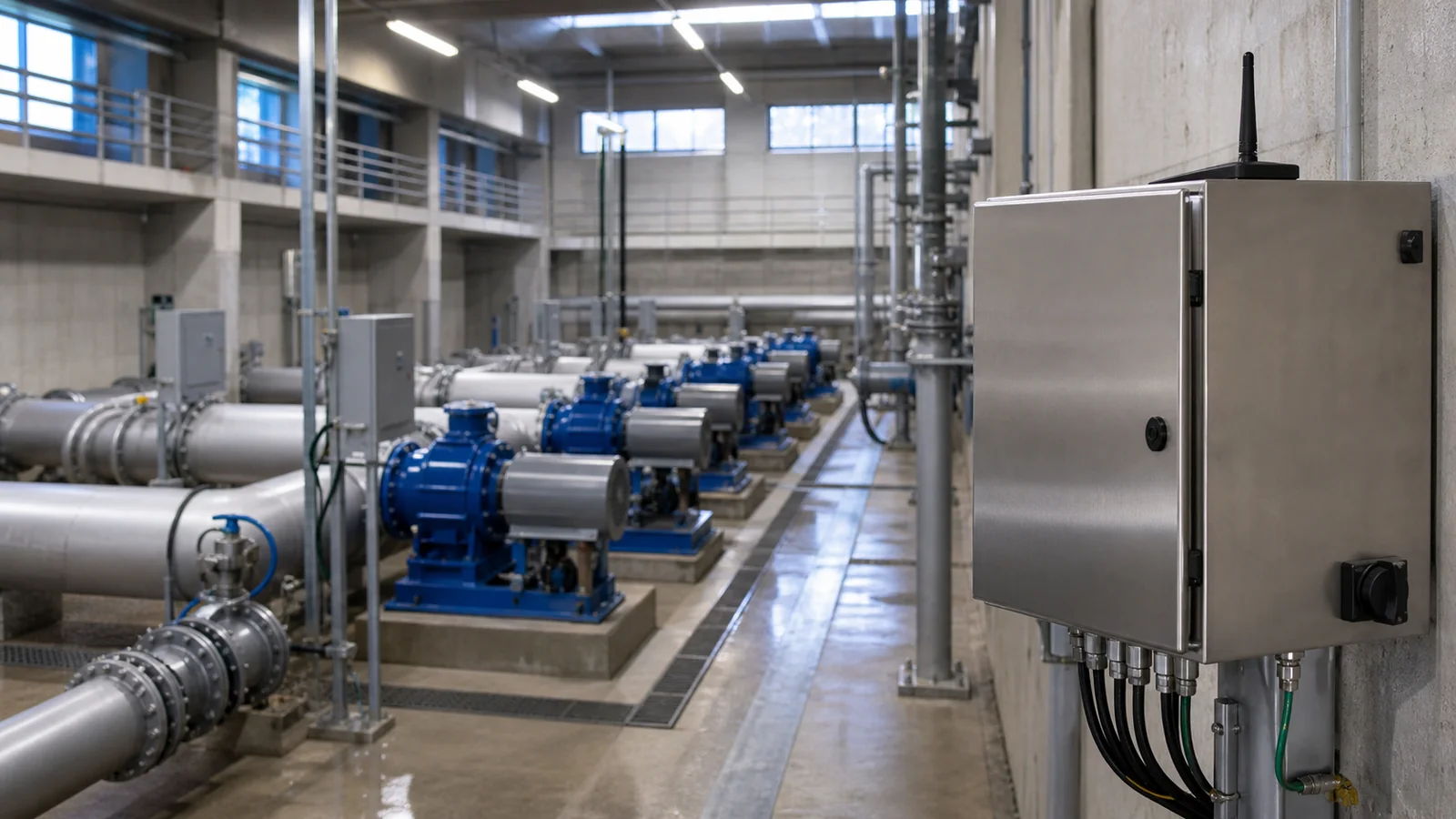 Water treatment pump station with secure edge monitoring cabinet