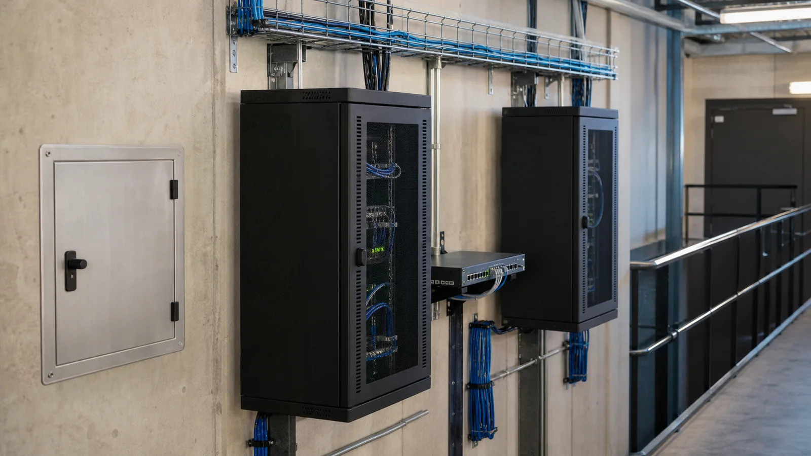 Managed edge infrastructure cabinets with network cabling in a service area