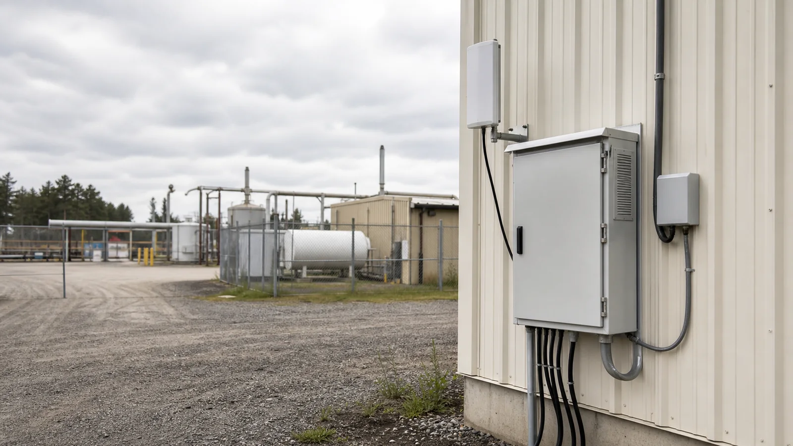 Weatherproof edge infrastructure cabinet with antenna at an industrial site