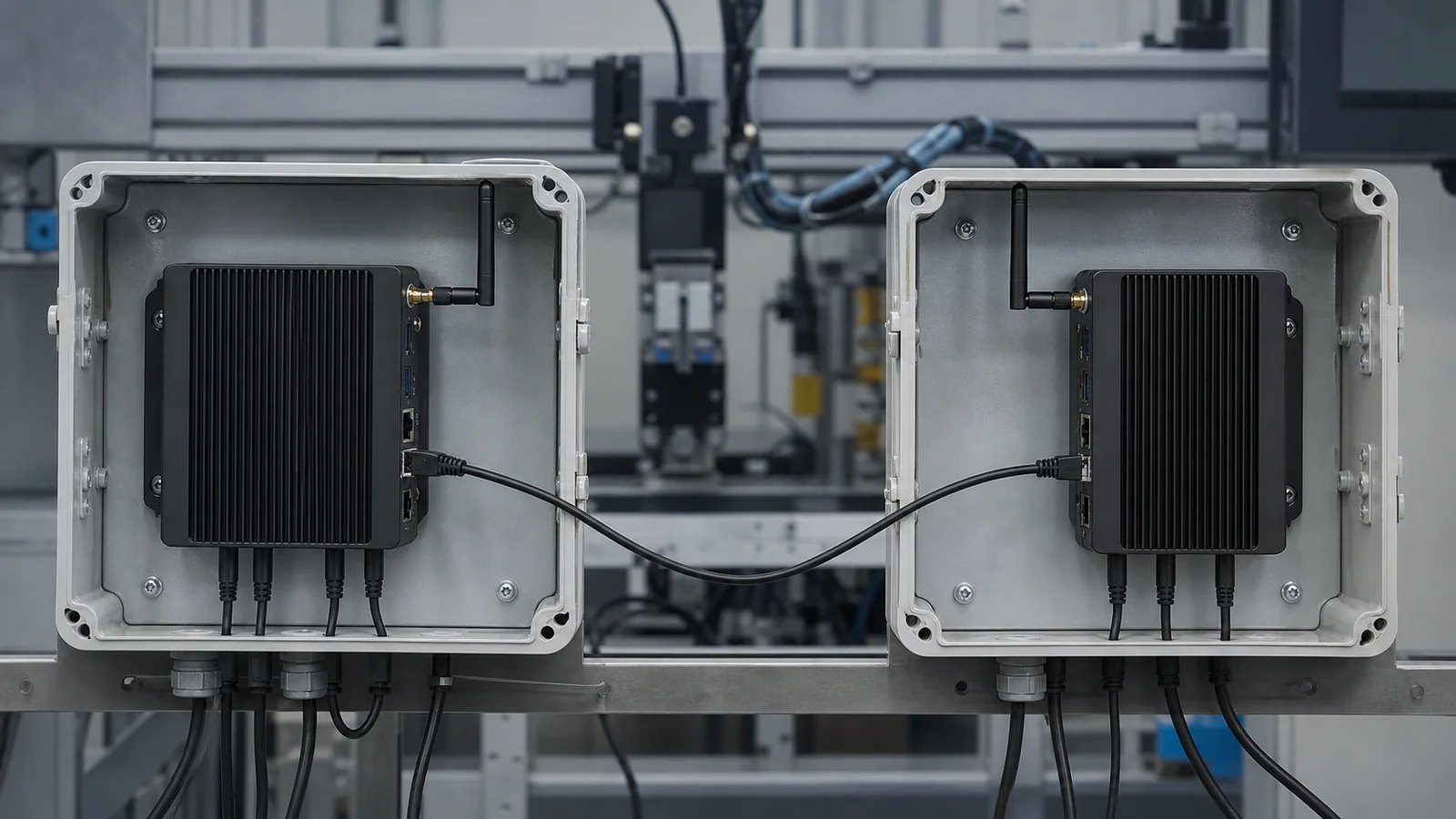 Two industrial edge computers connected for local orchestration