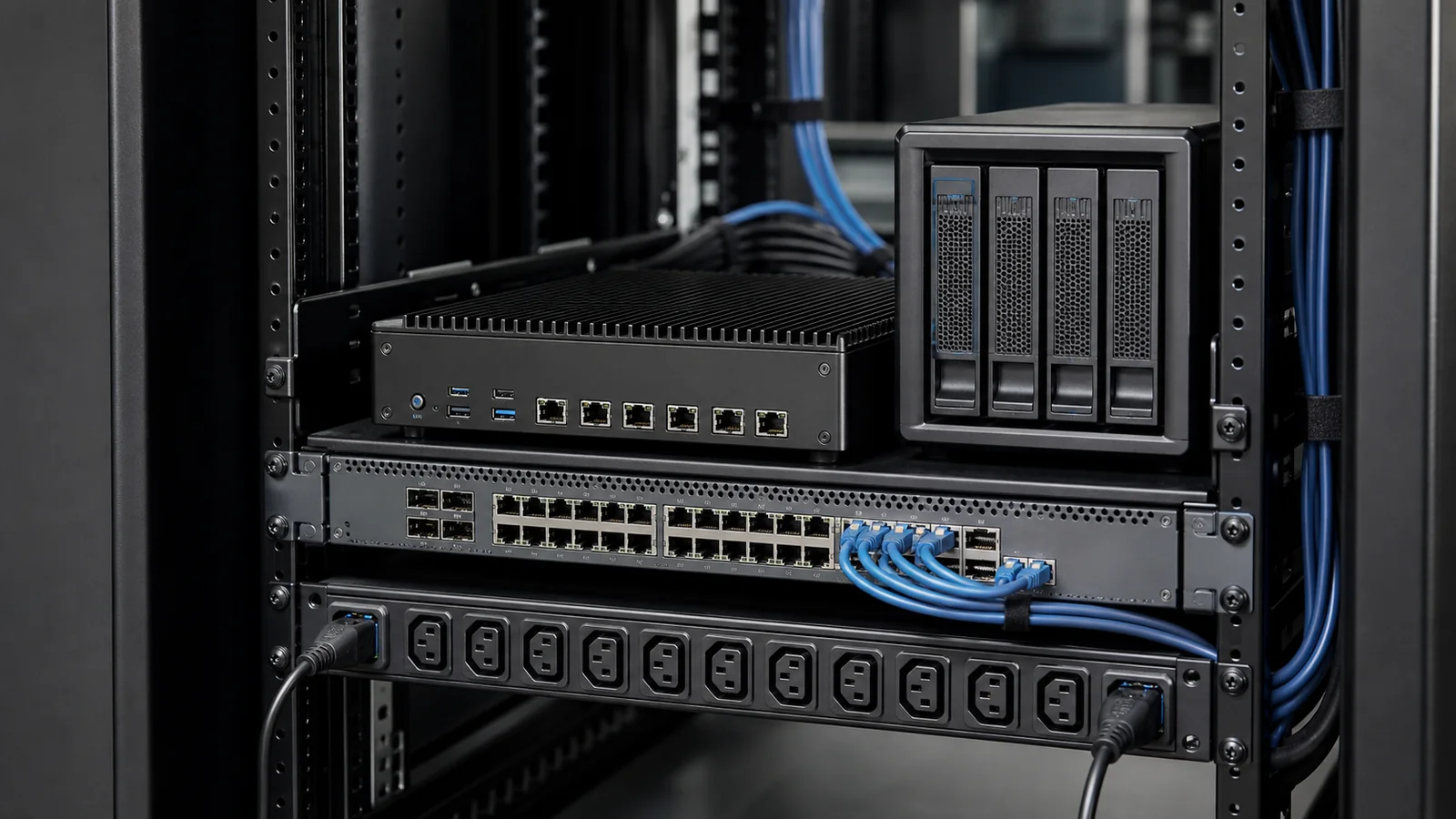 Edge runtime server, storage, switch, and power distribution in a rack