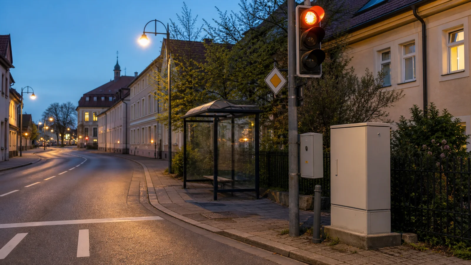 Small city street infrastructure with traffic signal and local monitoring cabinet