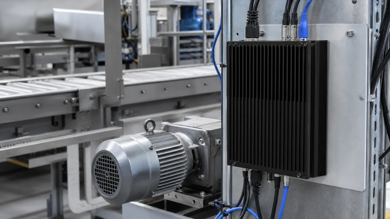 Rugged edge computer installed beside industrial conveyor machinery and motor