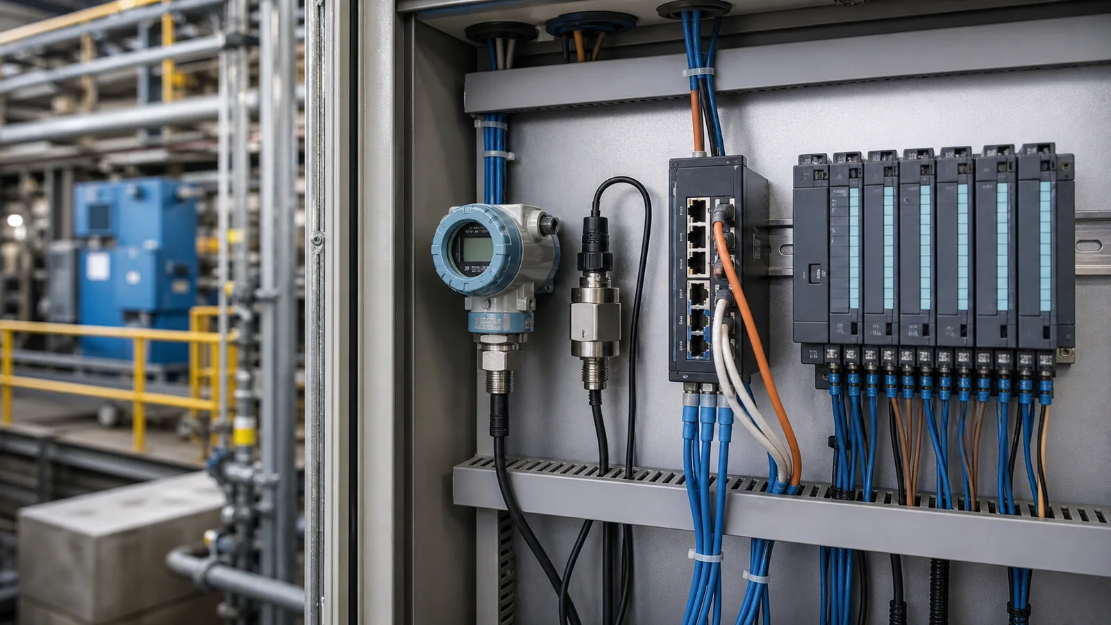 Industrial IoT sensors, Ethernet switch, and PLC input modules at the edge