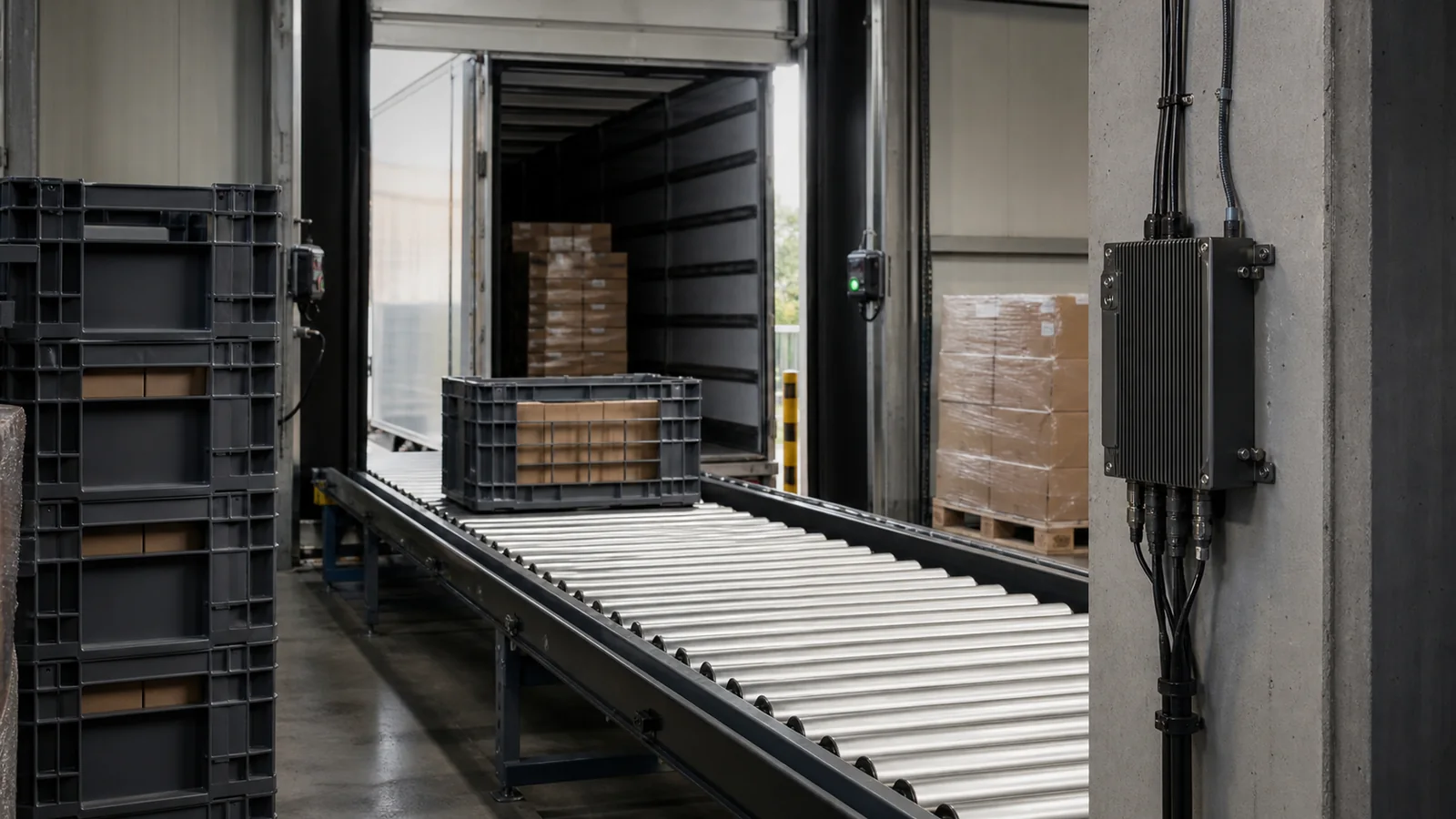 Warehouse loading dock with conveyor and rugged local edge gateway
