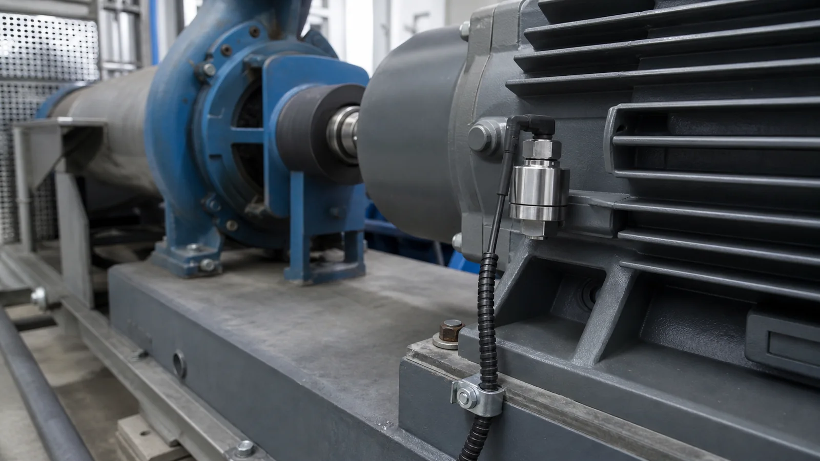 Vibration sensor installed on an industrial motor and pump coupling