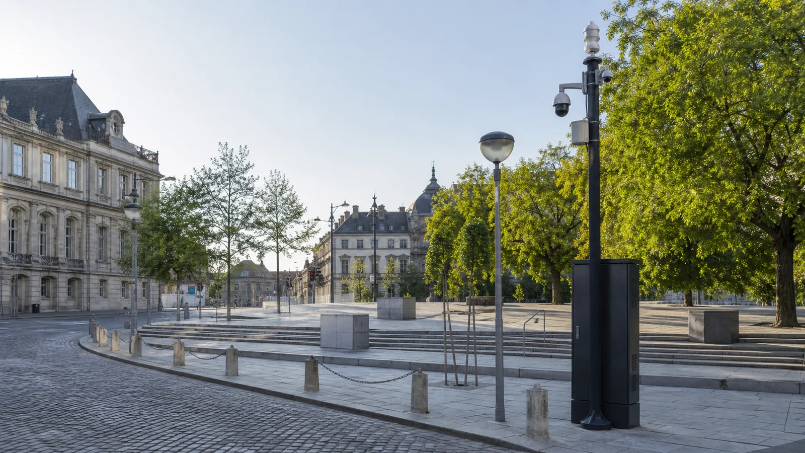 Public square with municipal sensors, camera, and local smart city edge cabinet