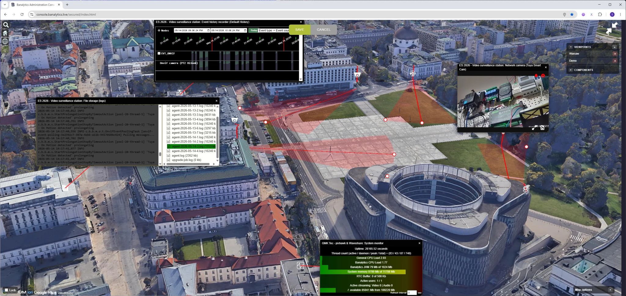 Banalytics Cesium dashboard with a 3D city view, geographic zones, camera, event history, file activity, and system-monitor panels