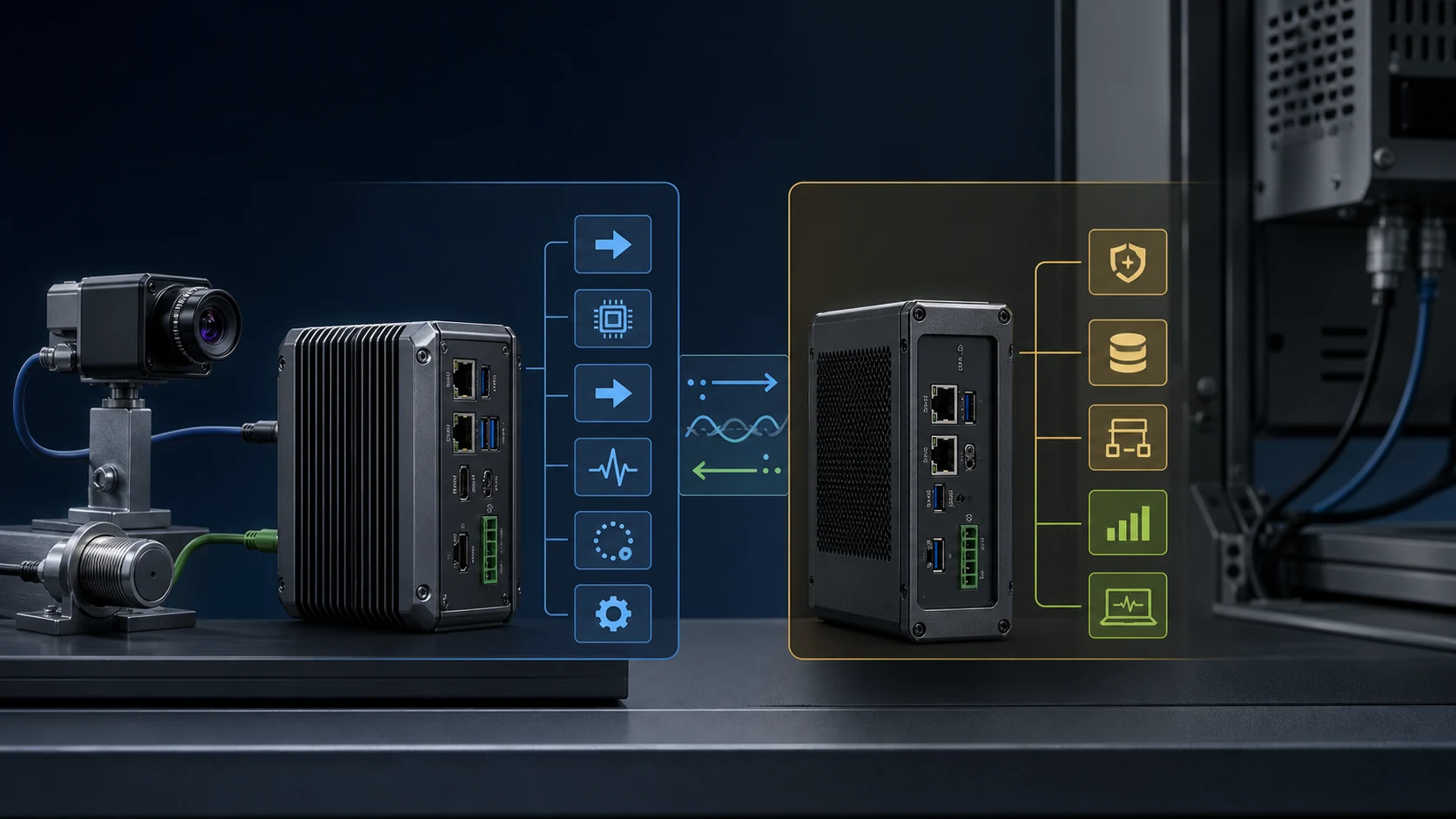 Two edge computers separated by an explicit processing module contract: one connects sensors and processing, the other handles local operations, storage, monitoring, and diagnostics