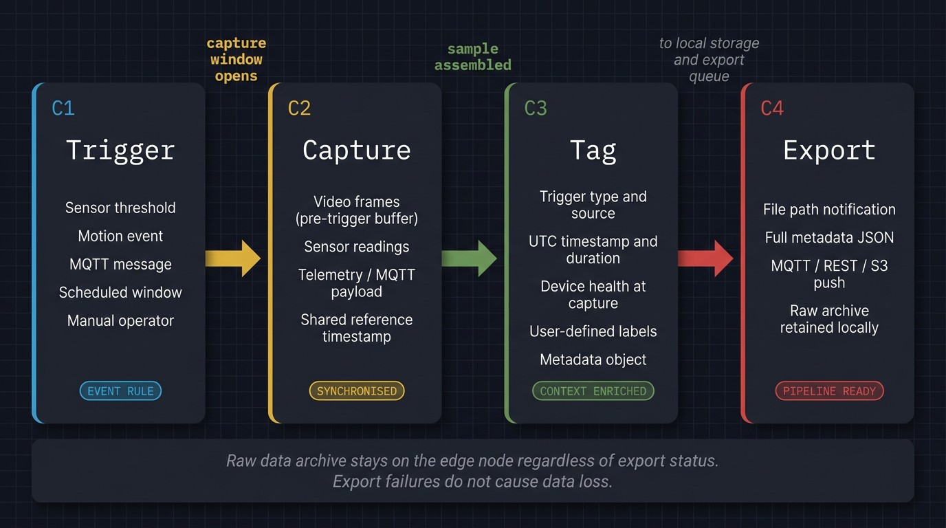 Banalytics AI data collection event-driven capture diagram: trigger events from sensors or rules initiate synchronised multimodal capture windows producing tagged training samples