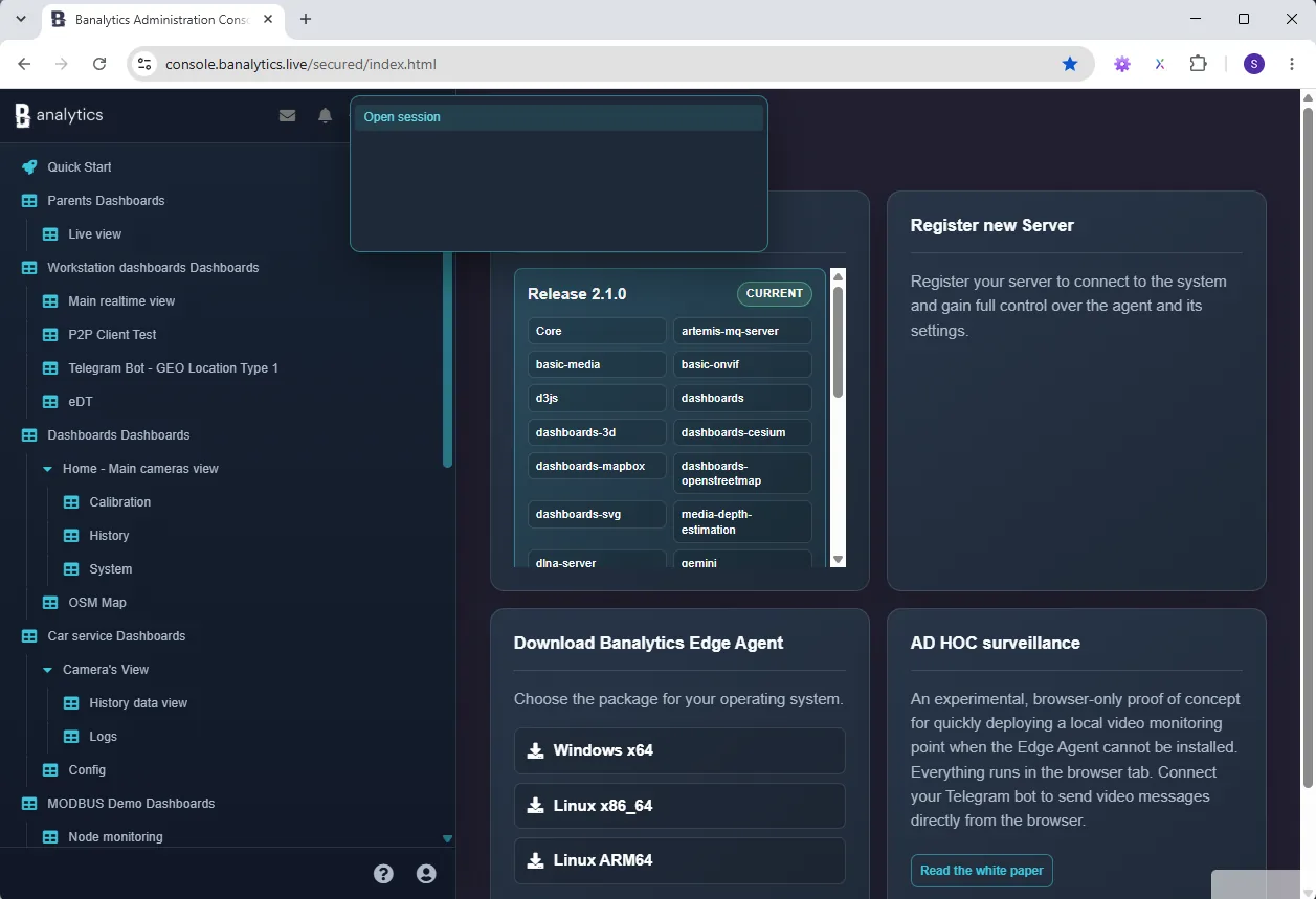 Banalytics portal header menu with the Open session action