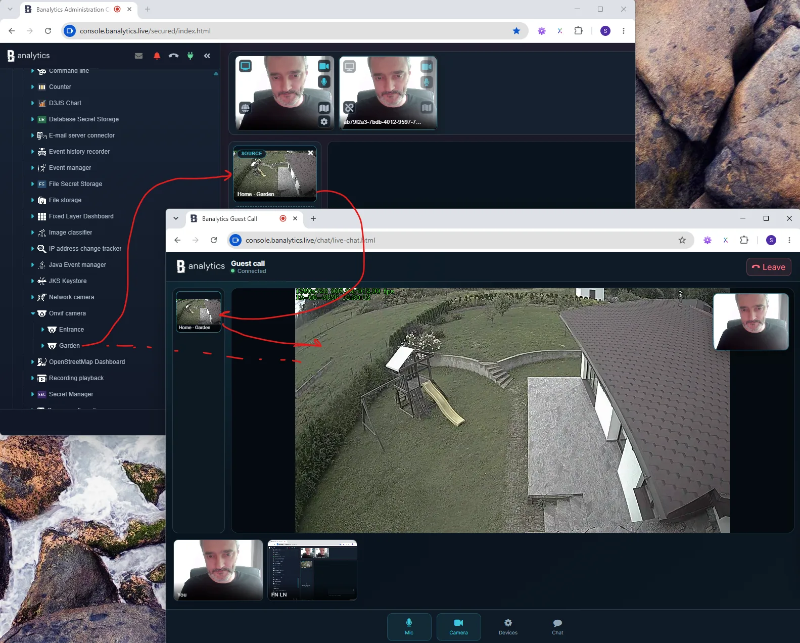 Infrastructure camera from a Banalytics Agent displayed as a dedicated source in the guest call