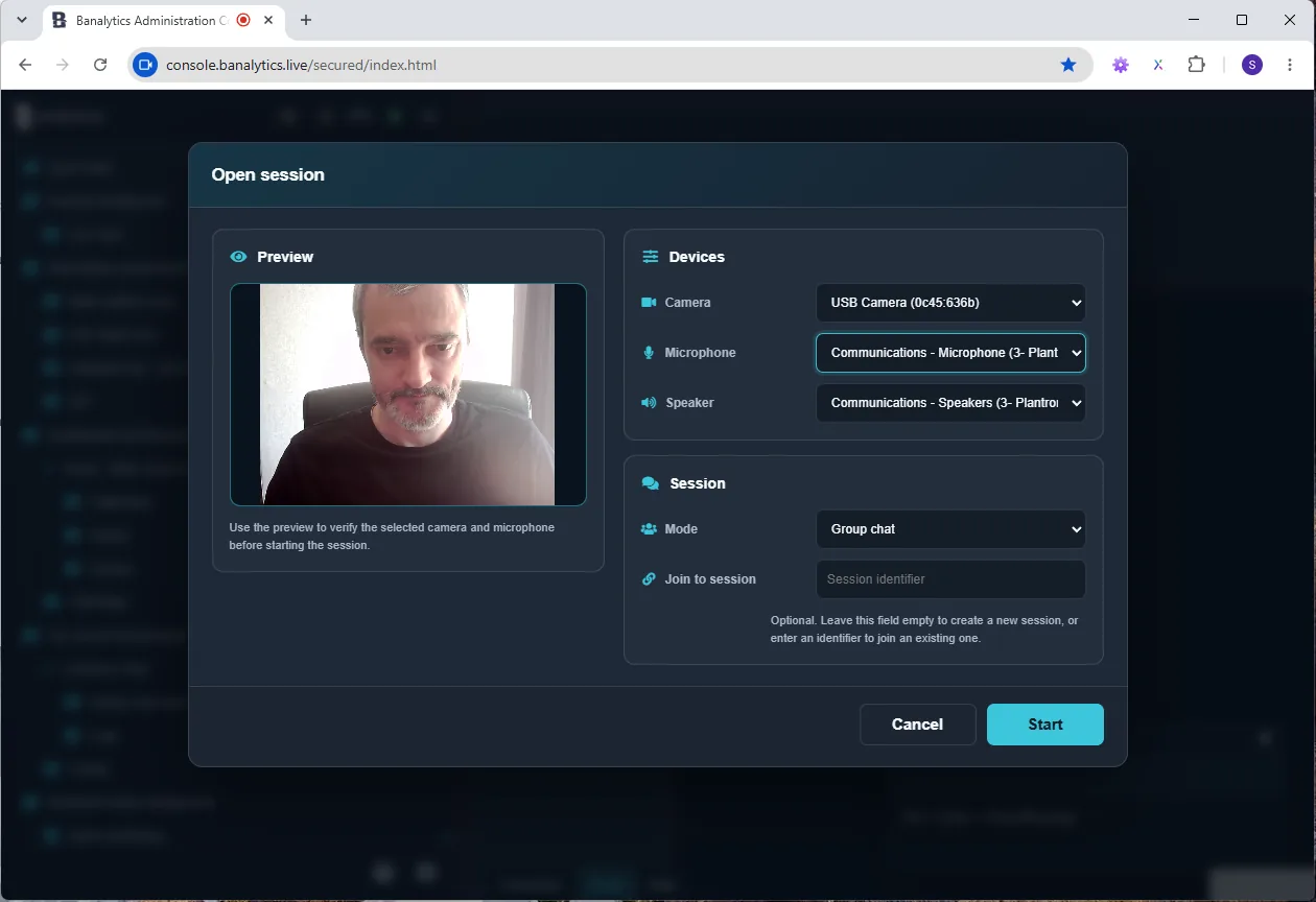 Open session form with camera preview, devices, chat mode, and session identifier