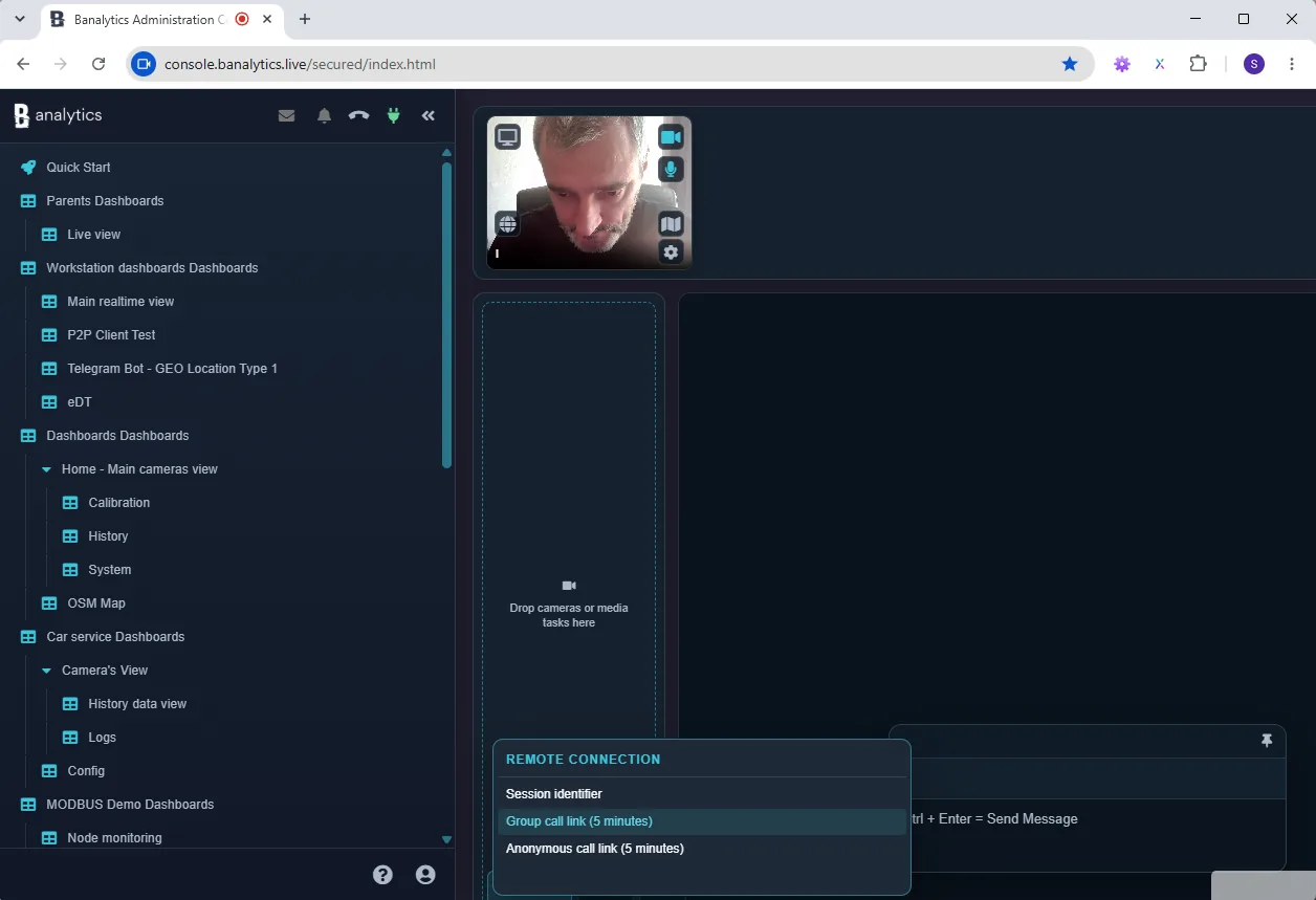 Live Chat connection menu with session identifier, group call link, and anonymous call link