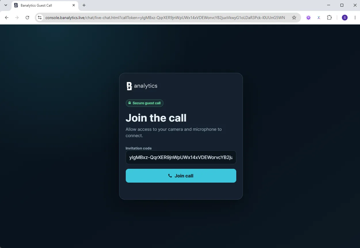 Secure Banalytics guest call page with invitation code and Join call button
