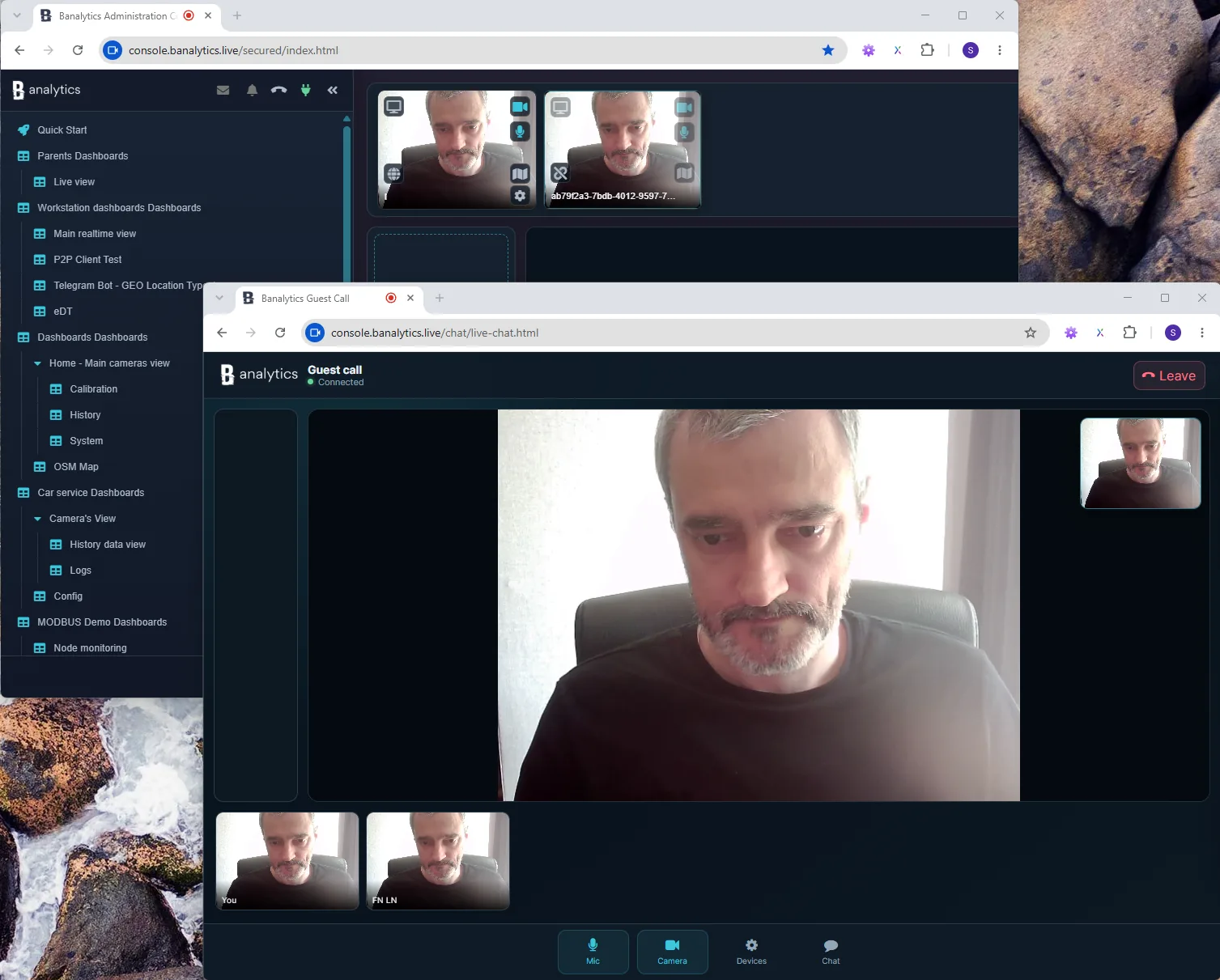 Portal and guest browser after an external participant joins a Banalytics call