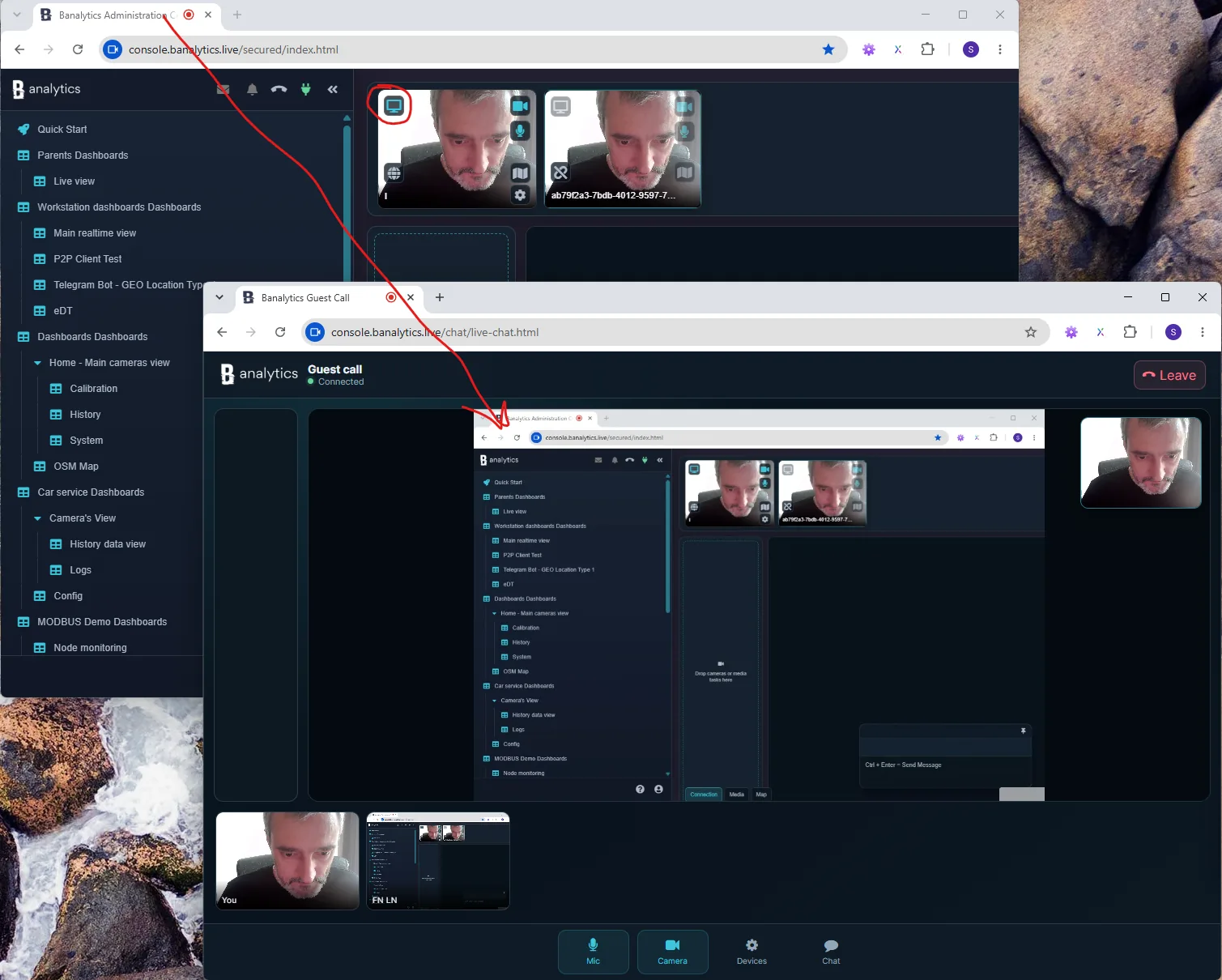 Banalytics call sharing the portal window with an external guest