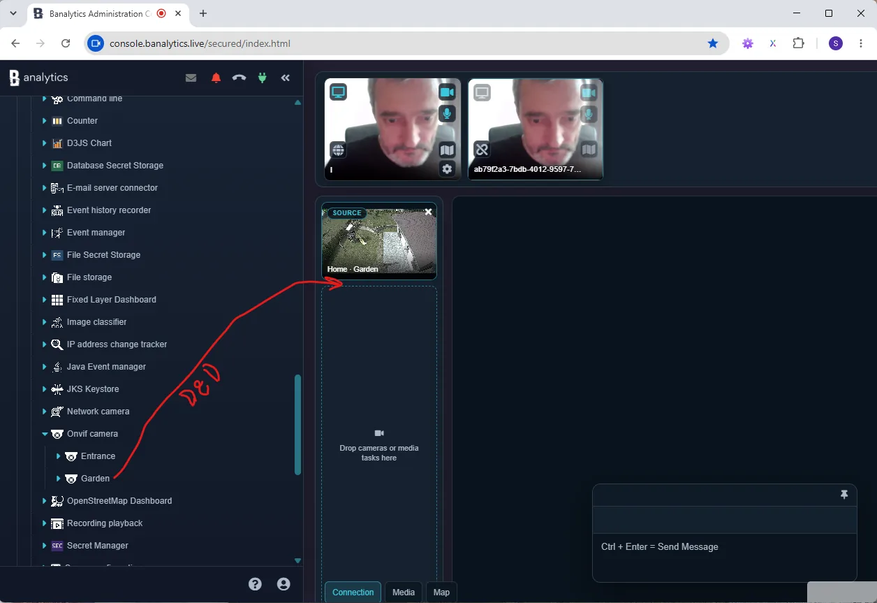 Dragging an ONVIF camera media task from the Agent tree into Banalytics Live Chat