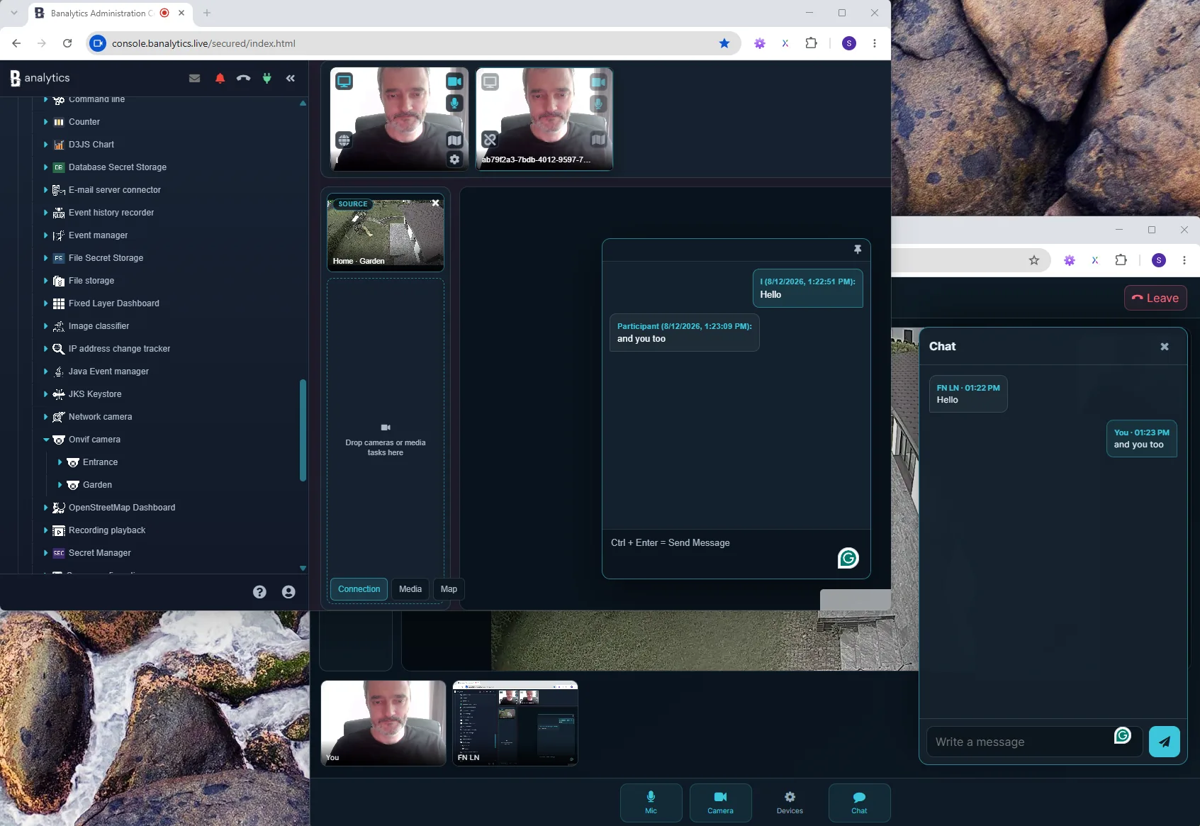 Text chat exchanged between the Banalytics portal and guest call interface