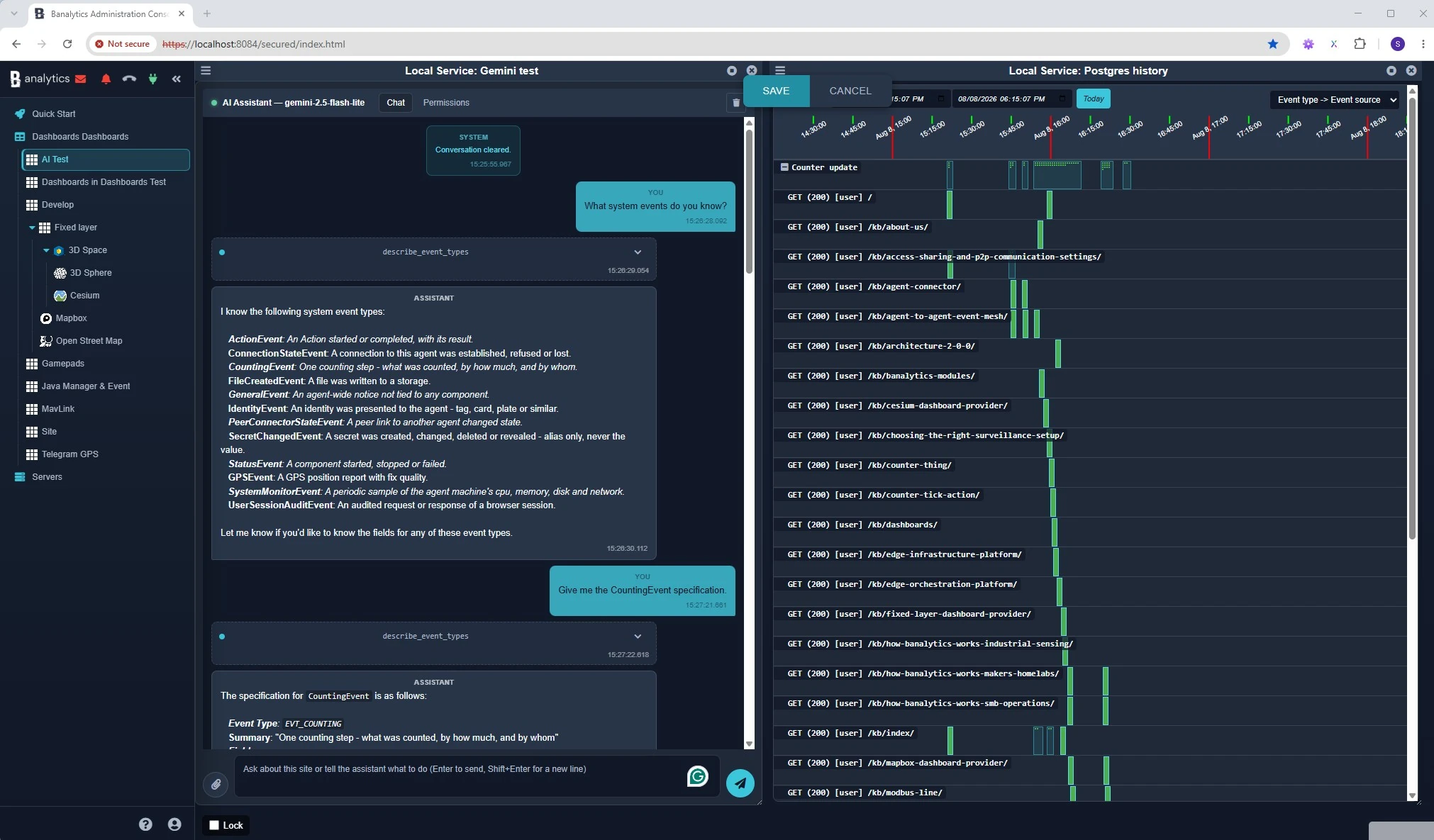 Banalytics Gemini assistant describing event types while Event History remains open beside the chat