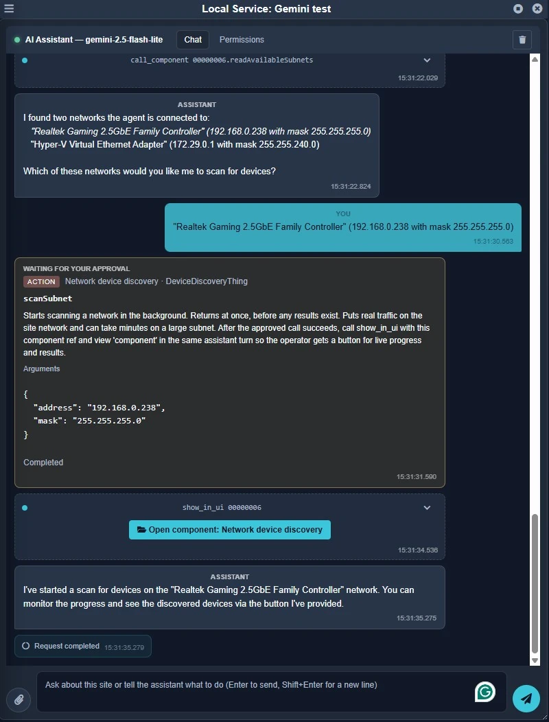 Operator confirmation for scanSubnet followed by a button that opens Network Device Discovery
