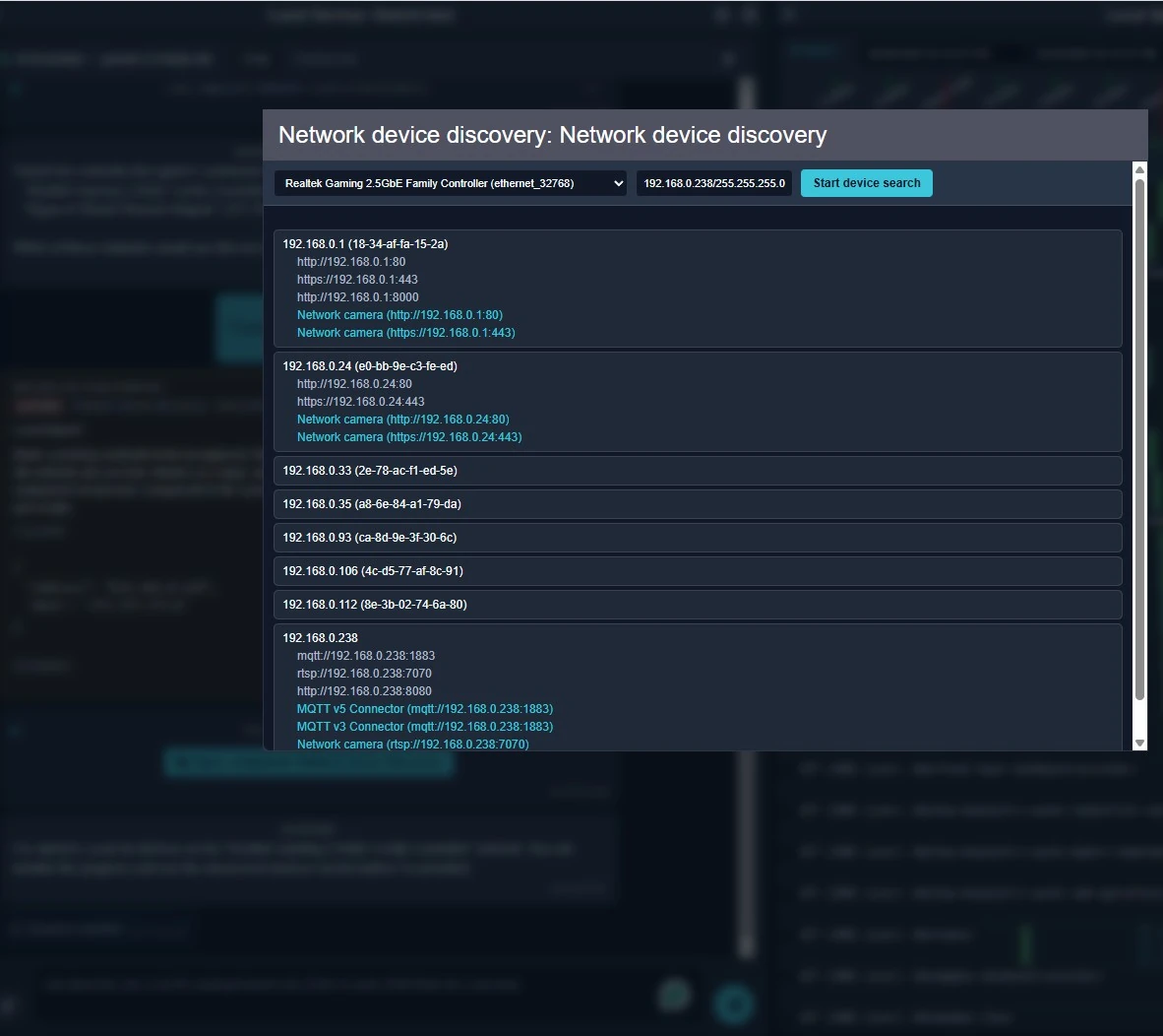 Network Device Discovery business UI listing discovered hosts and service candidates