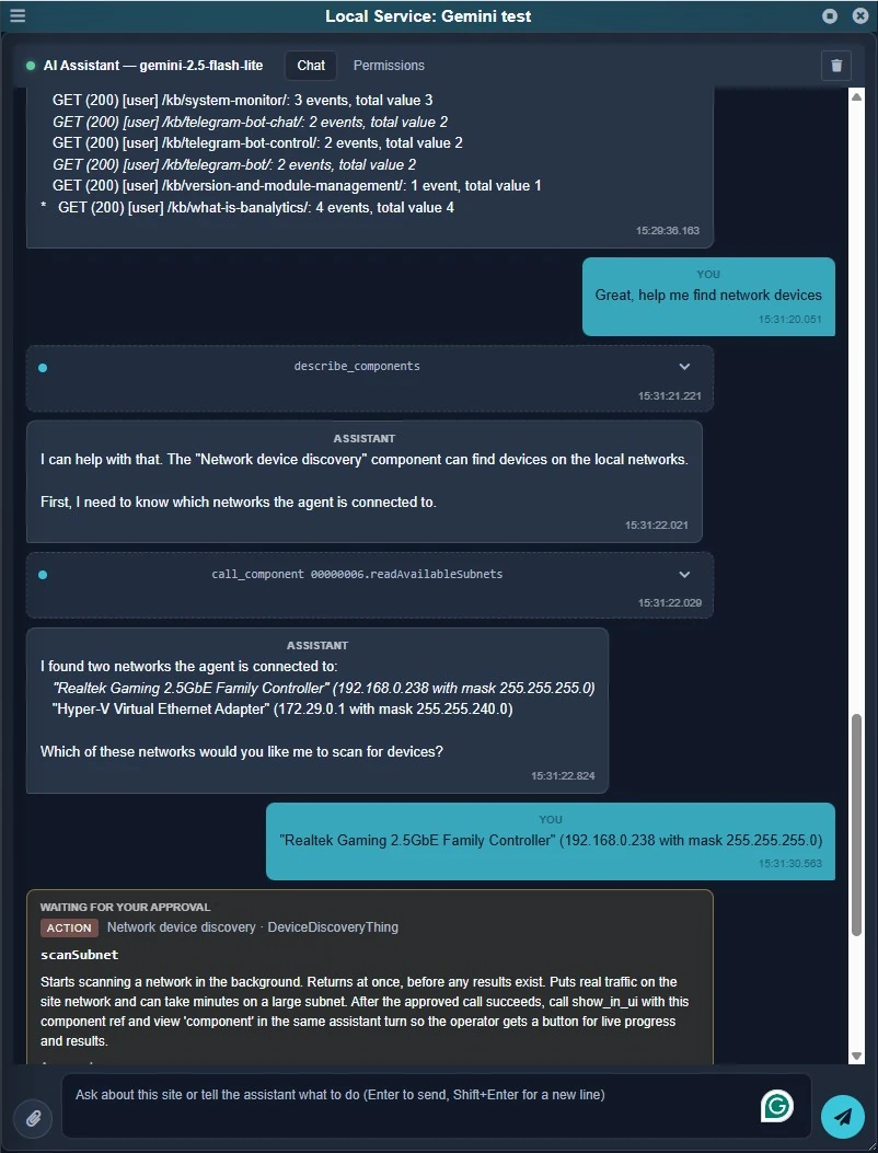 Gemini lists two local network interfaces and asks the operator which subnet to scan