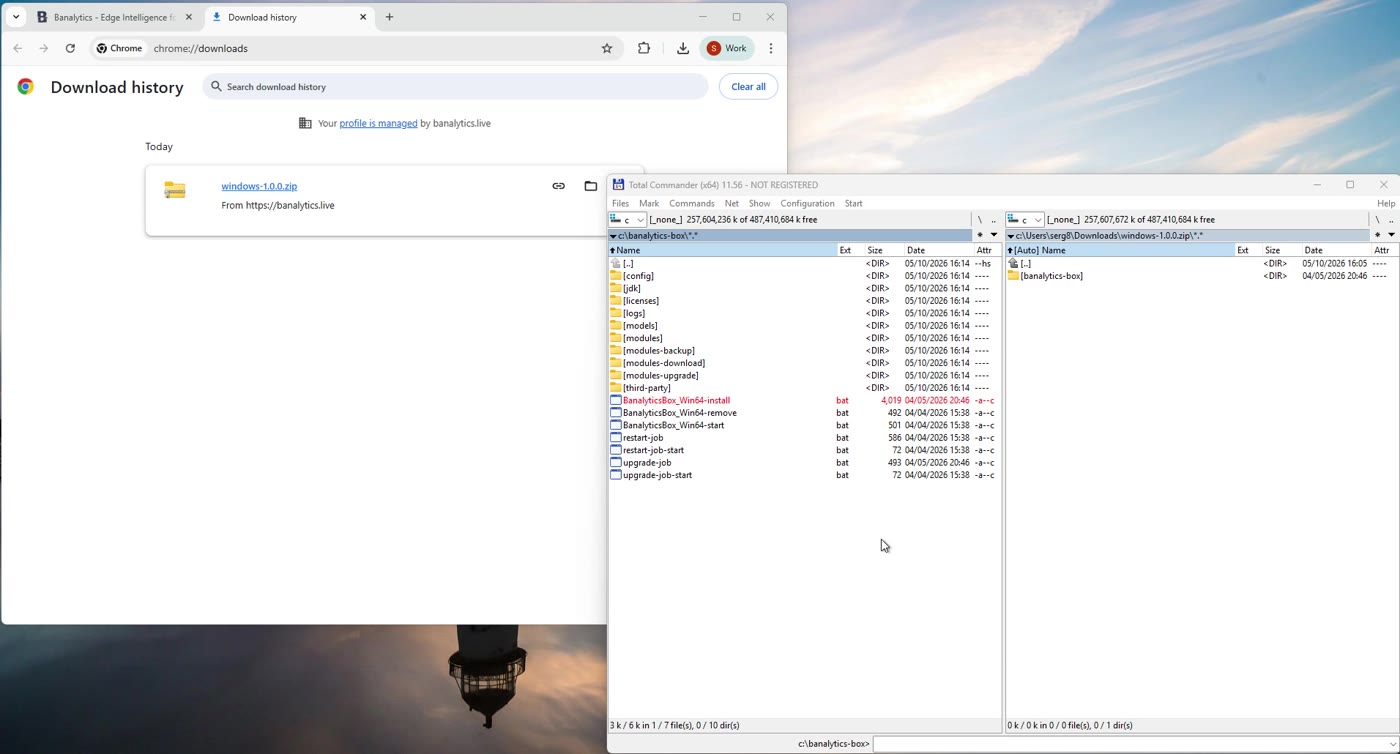 banalytics-box folder contents showing BanalyticsBox_Win64-install.bat highlighted