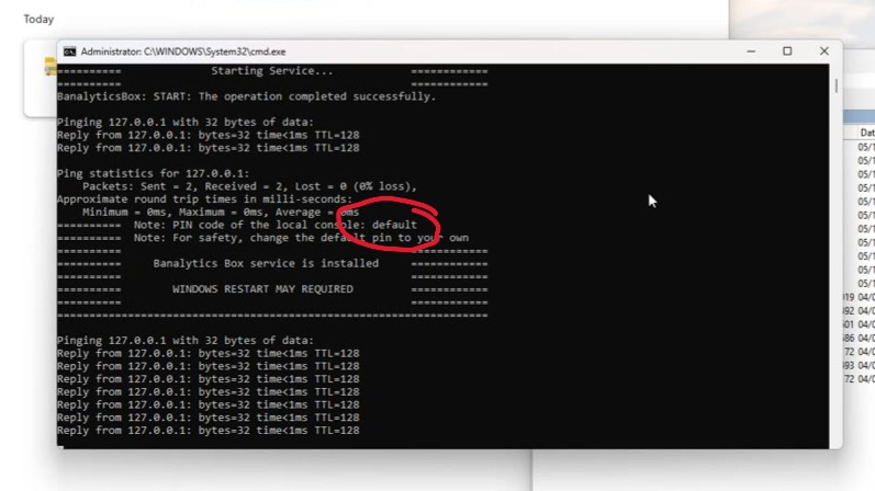 Command prompt showing 'Banalytics Box service is installed' confirmation and successful ping to 127.0.0.1
