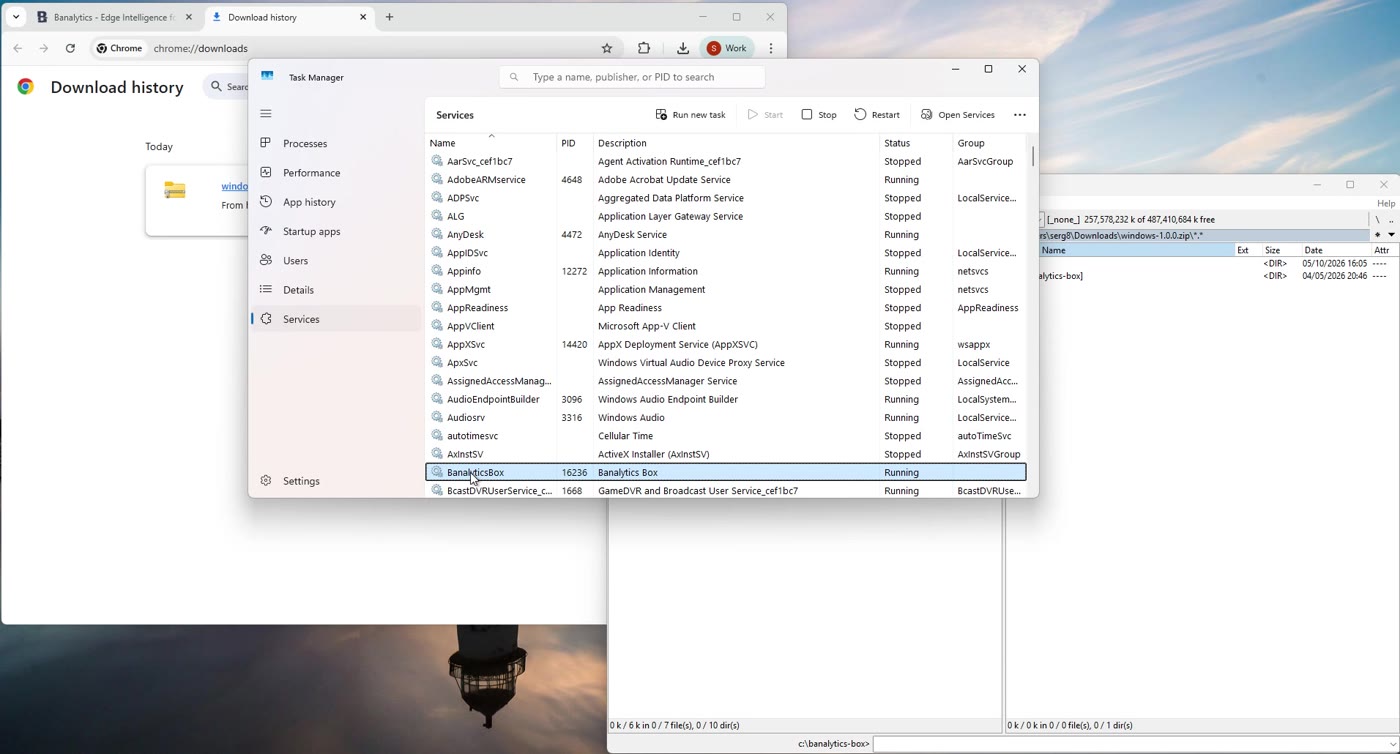 Task Manager Services tab showing BanalyticsBox with status Running
