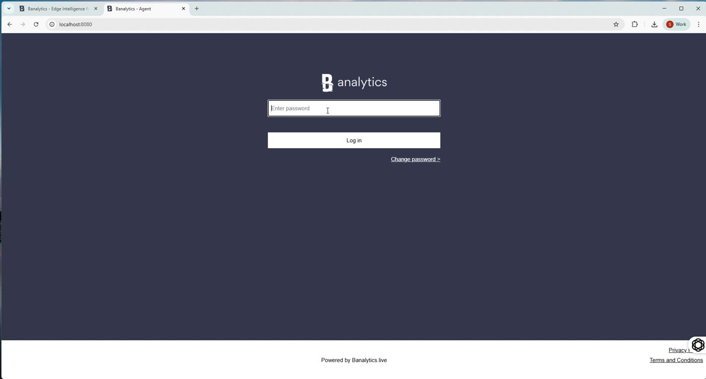 Banalytics agent login screen at localhost:8080