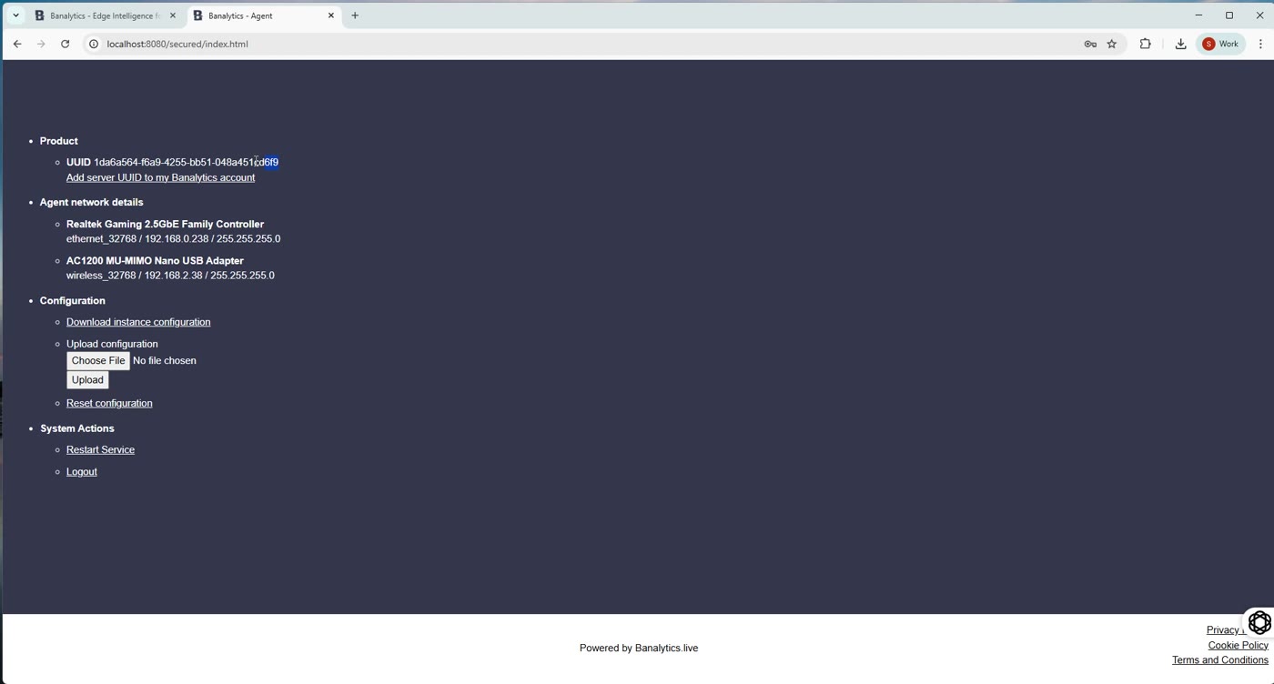 Agent console showing server UUID and network adapter details with the Add server UUID link