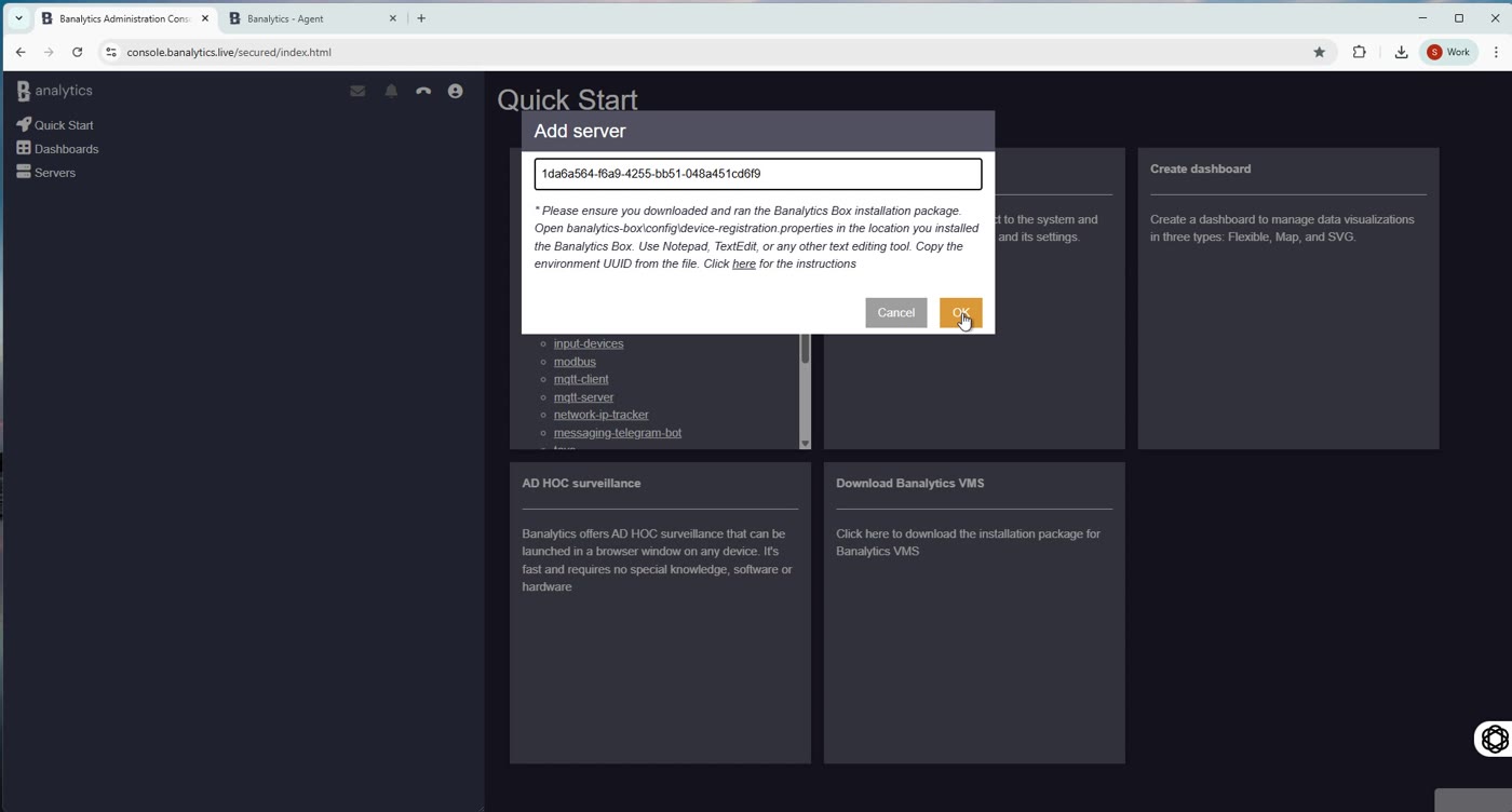 Add server dialog in the Banalytics web console with the server UUID pre-filled