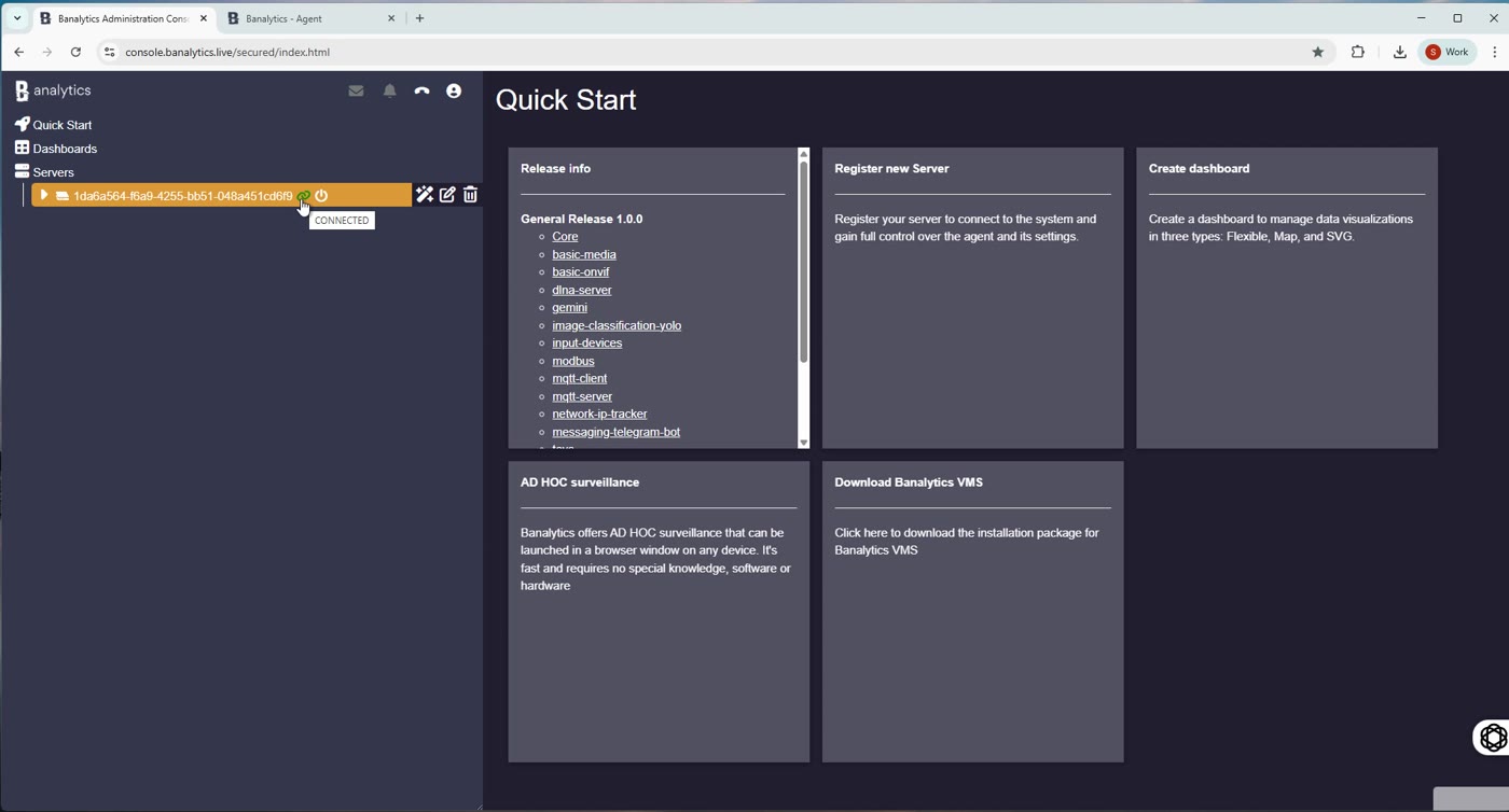CONNECTED tooltip on the server entry in the Banalytics web console
