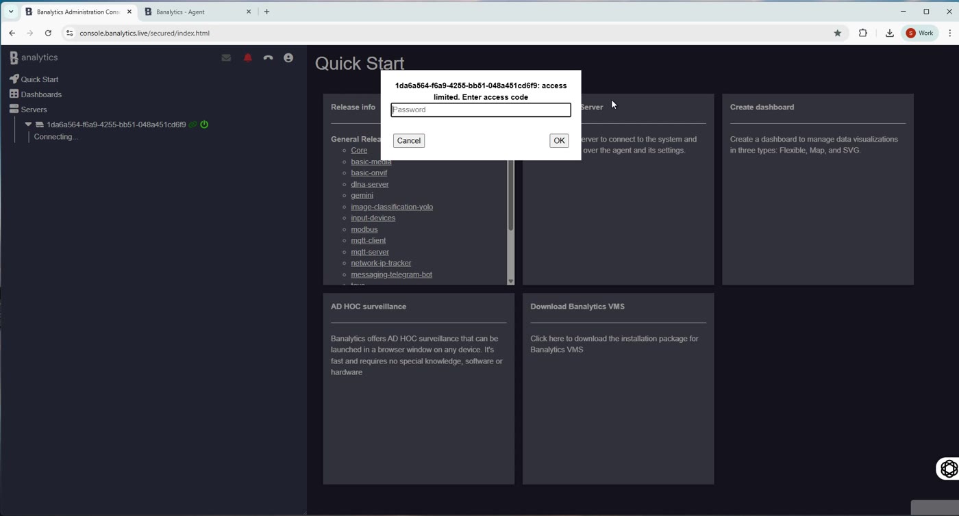 Access code prompt in the Banalytics web console requesting the local agent PIN