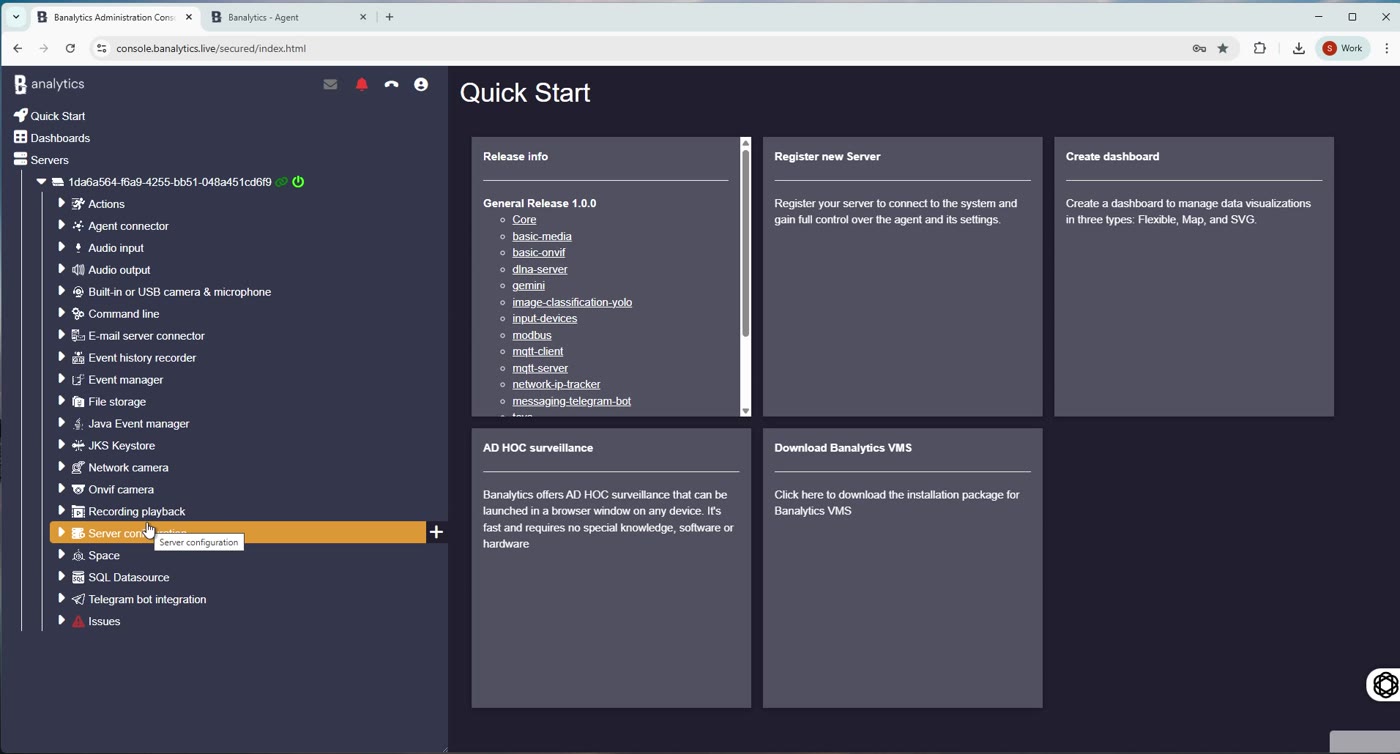 Full Banalytics component tree visible in the left sidebar after successful authentication