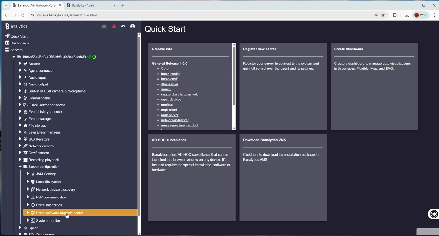 Server configuration expanded in the sidebar showing JVM Settings, Network device discovery, Portal integration, and other management components