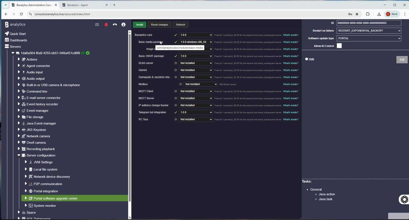 Portal software upgrade center showing installed and available modules with version selectors and pricing