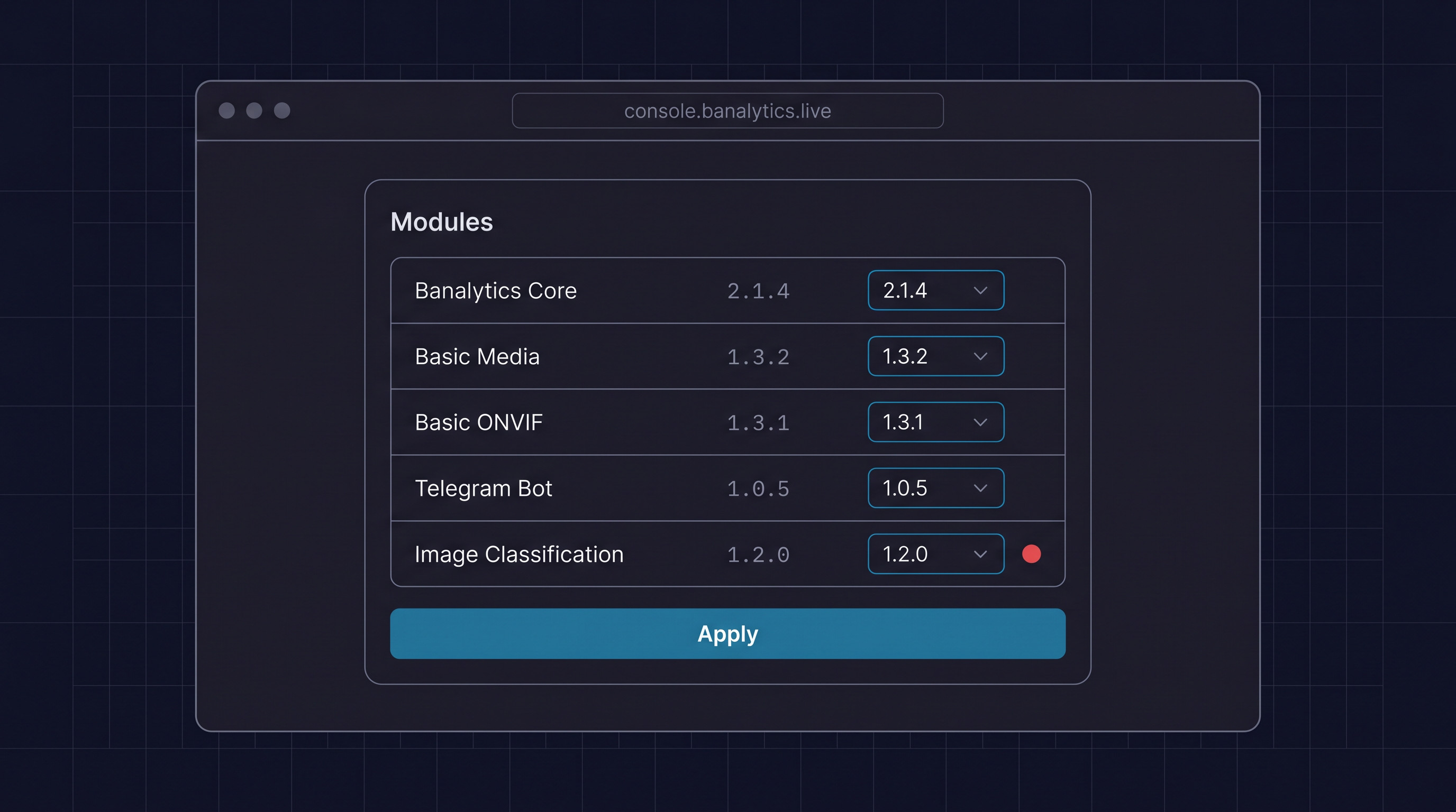 Banalytics portal Servers view showing installed modules and their version selectors