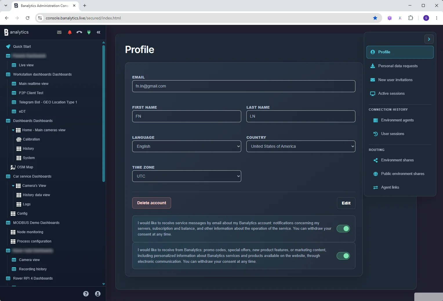 Banalytics Portal User Profile with account fields and profile navigation