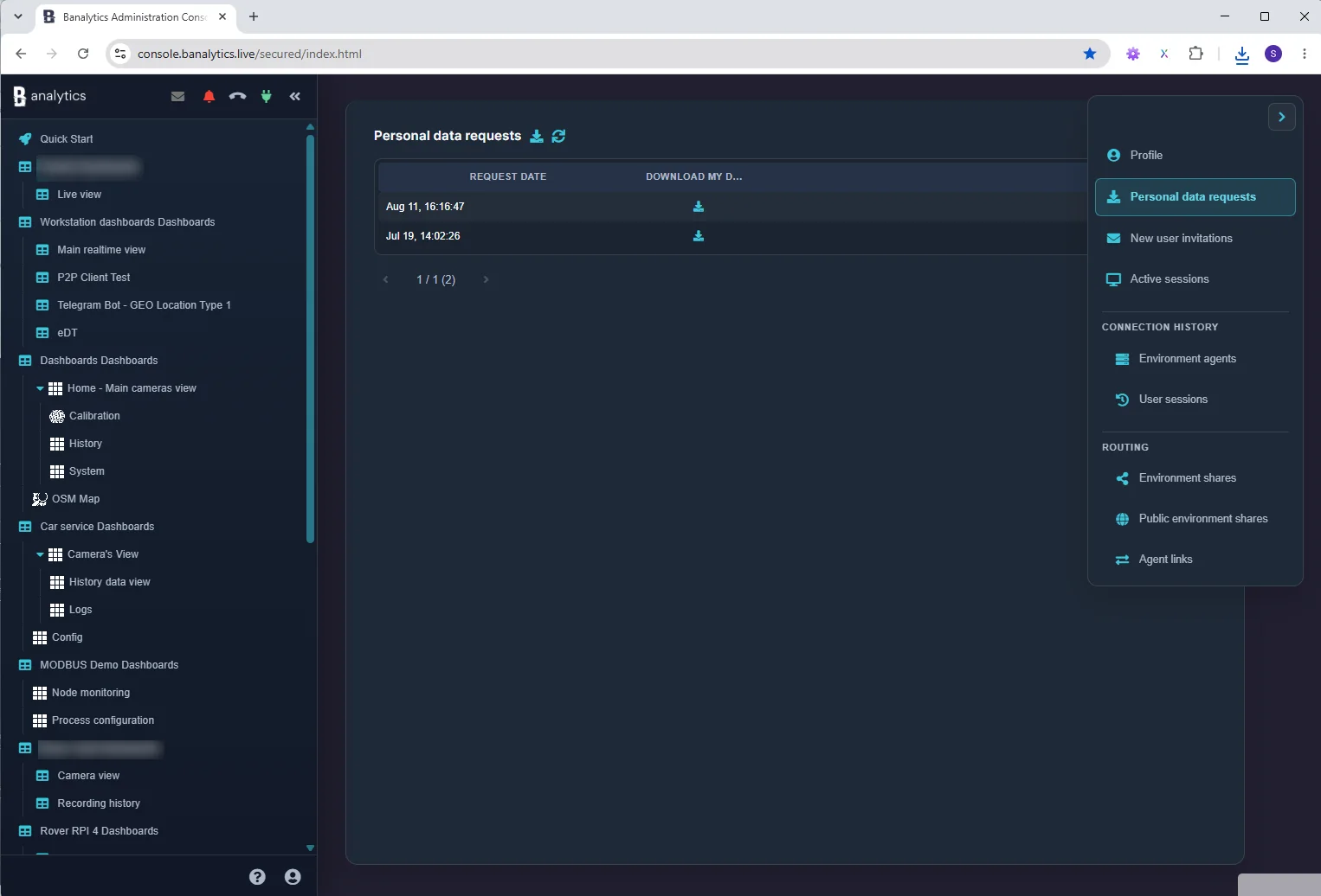 Personal data requests in the Banalytics User Profile