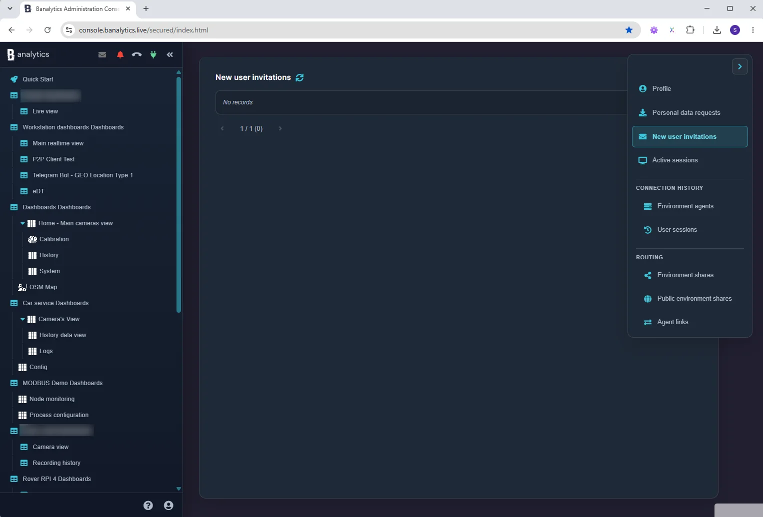 New user invitations page in the Banalytics User Profile