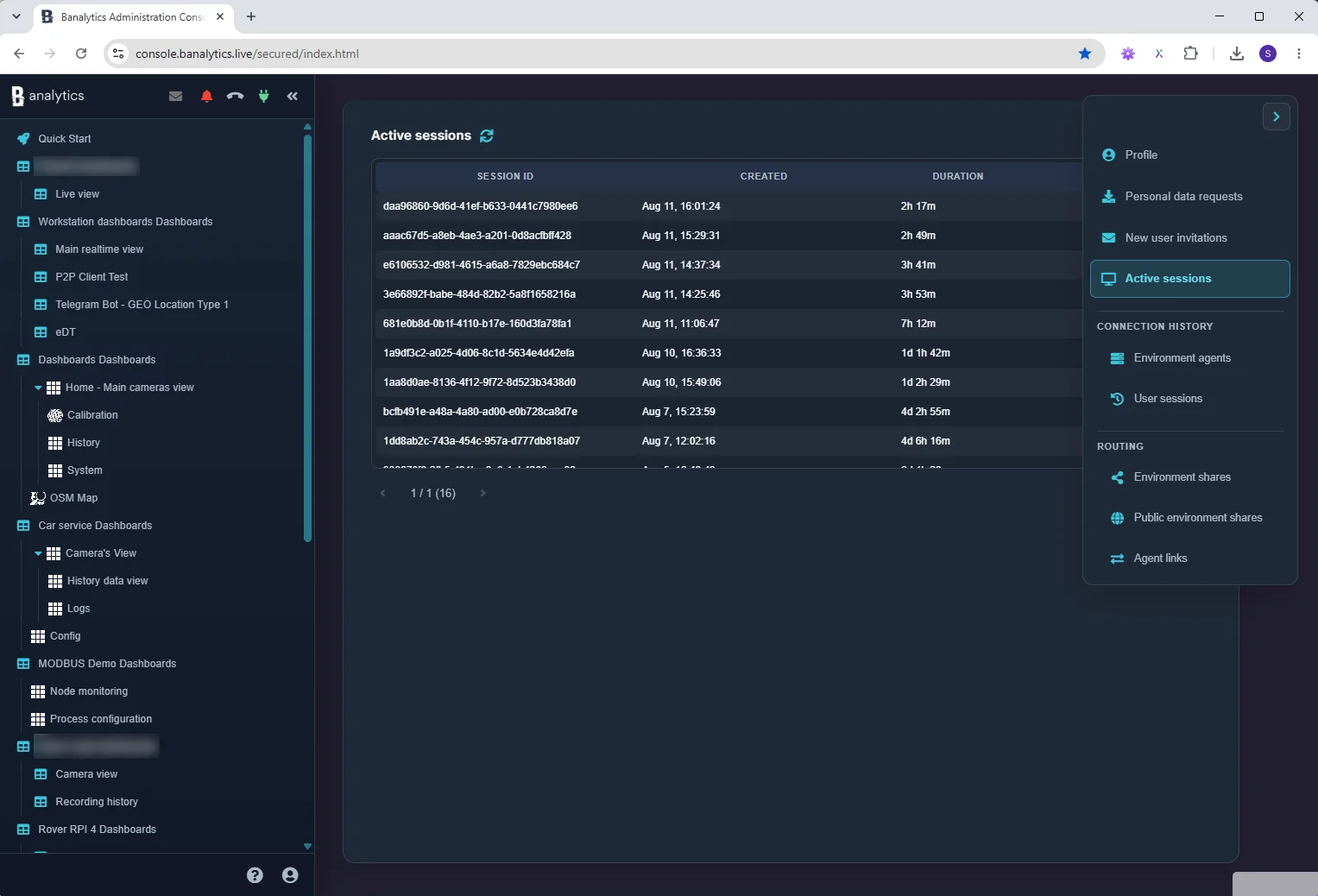 Active Portal sessions for the signed-in Banalytics user