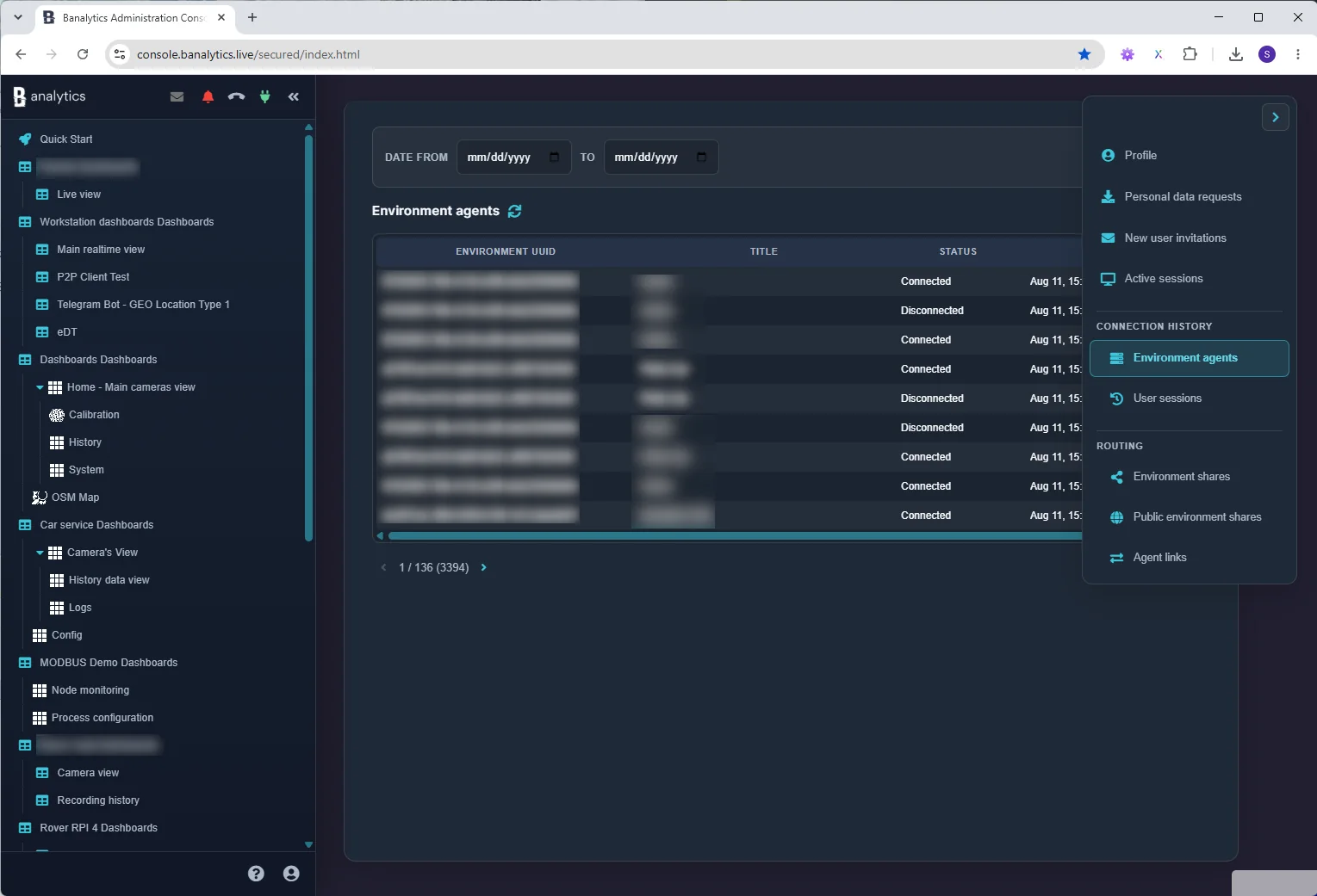 Environment Agent connection history in the Banalytics User Profile