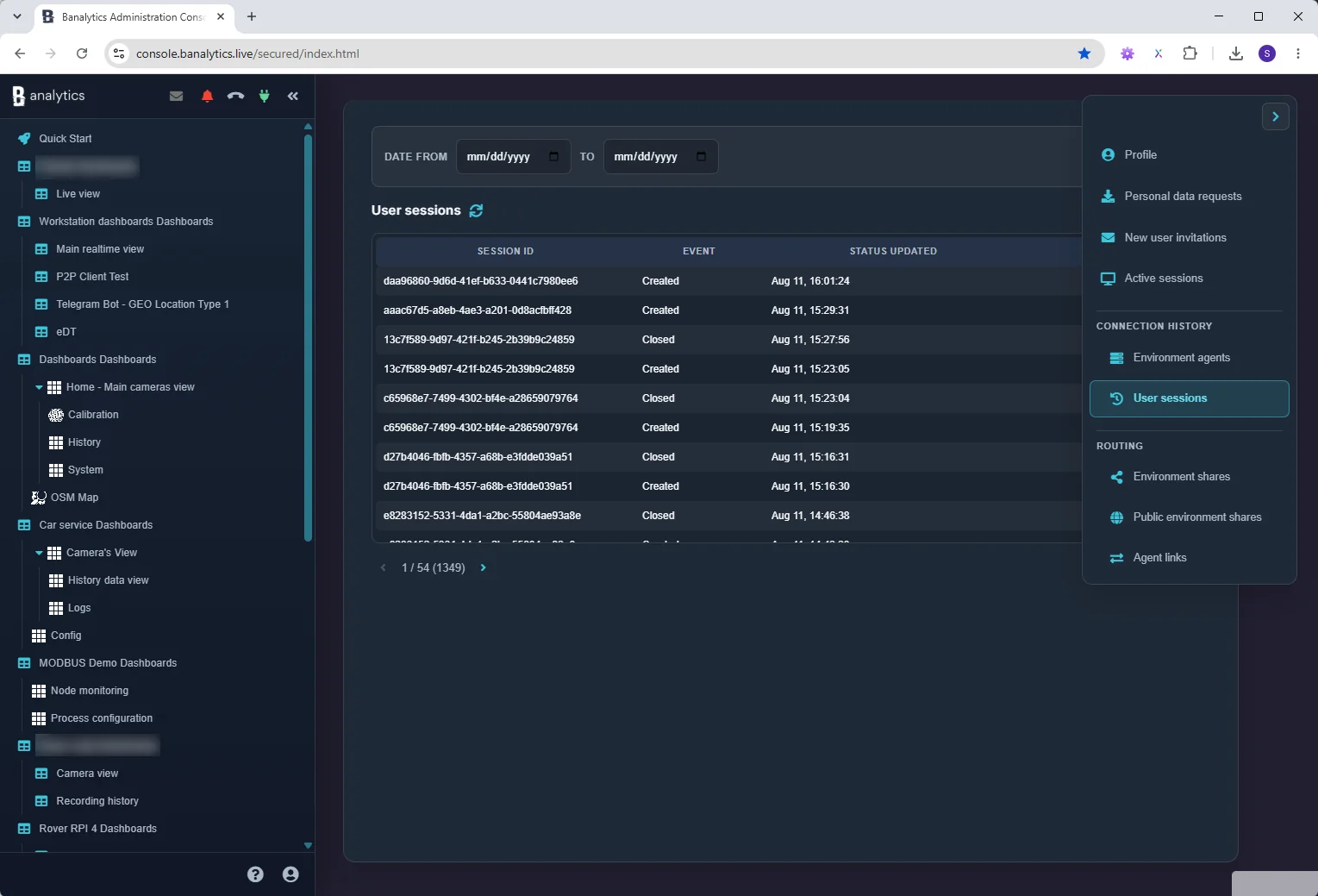 Created and Closed user session events in the Banalytics User Profile