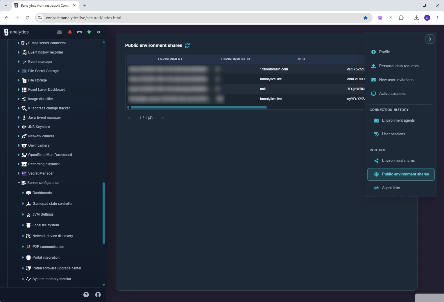 Public environment share routes and connection counters in the Banalytics User Profile