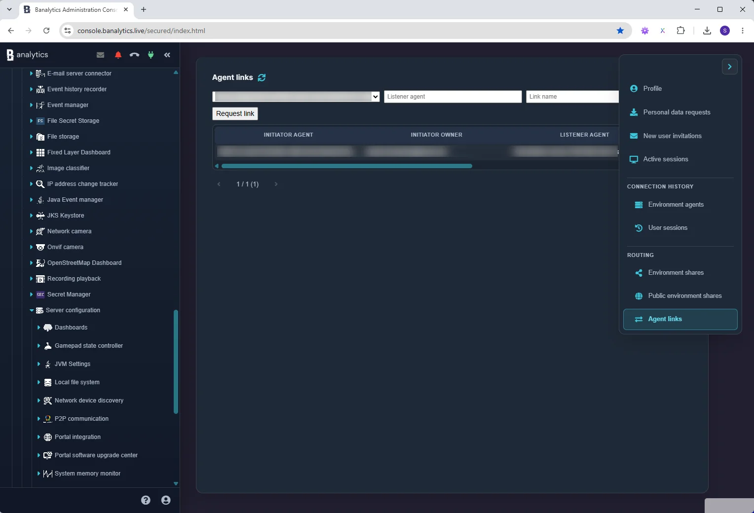 Agent link request and route list in the Banalytics User Profile