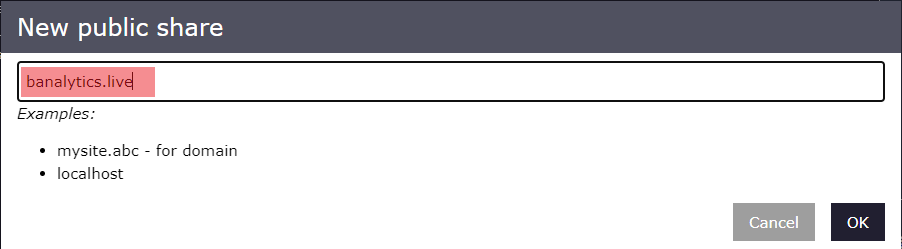 New public share dialog with banalytics.live entered as the domain